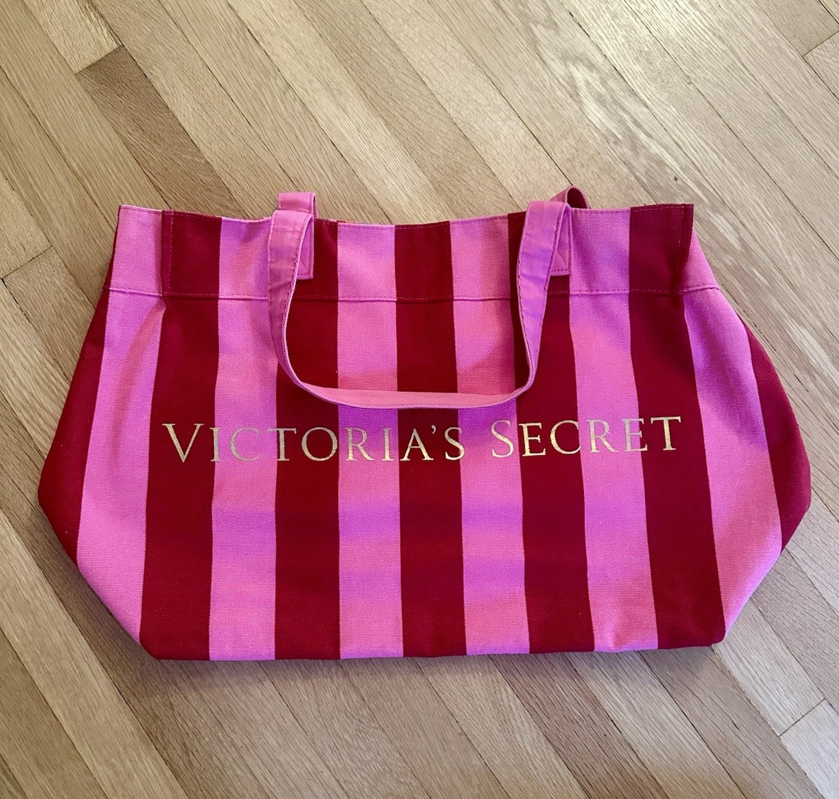 Victoria’s Secret Holiday Pink & Red Striped Tote Bag with Gold Logo