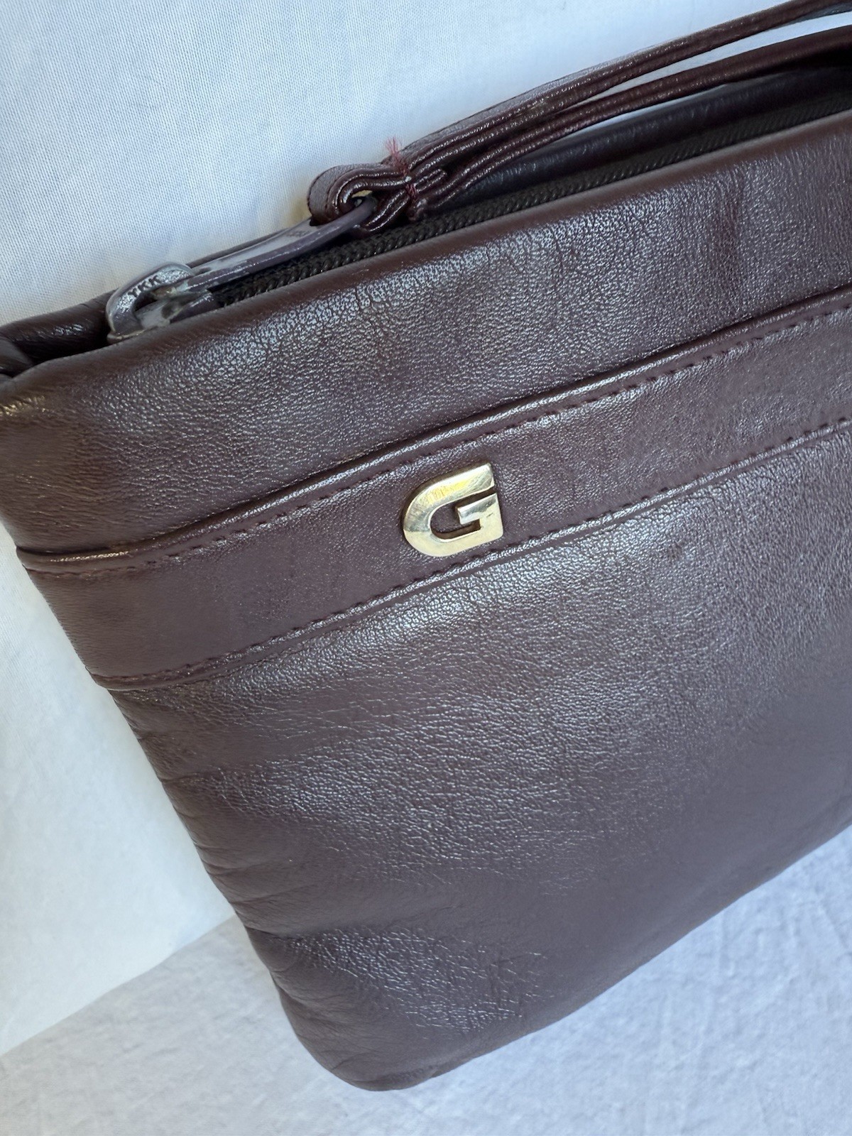 Vintage GANSON Leather Clutch Bag Gold G Logo Minimalist 70s 80s Brown