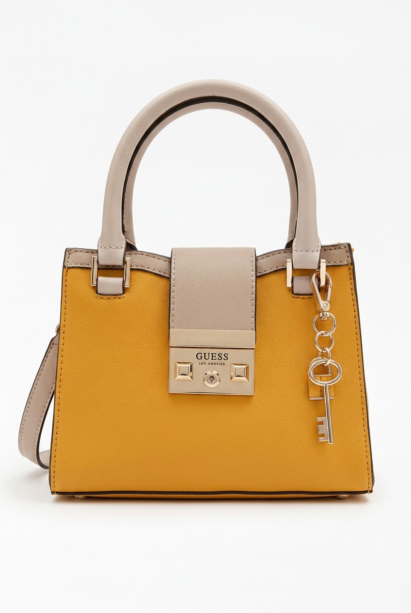 Guess Mini Satchel Crossbody Bag Mustard Yellow Top Handle Purse Gold Key Charm