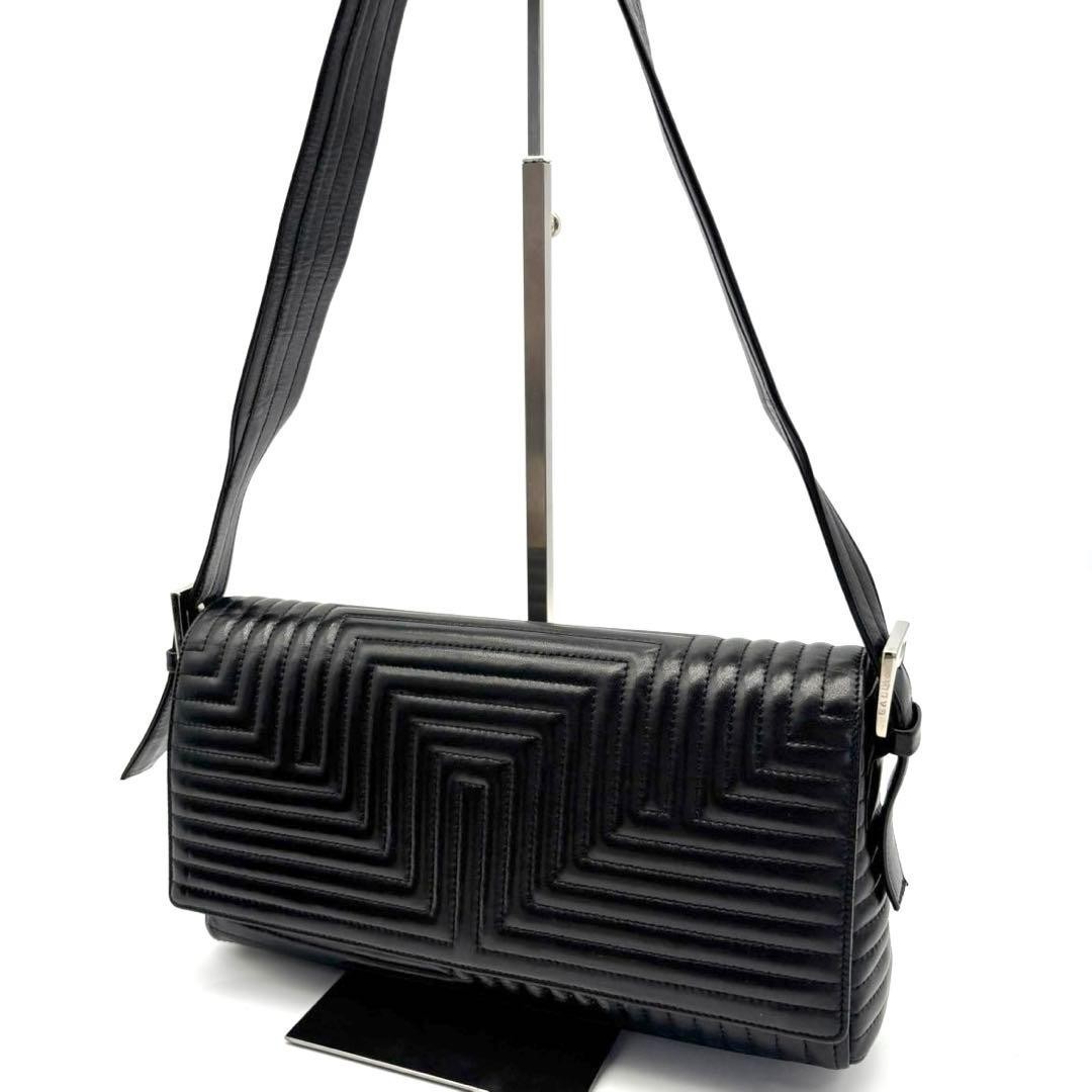 BALLY Y2K Quilted Geometric Logo Flap Shoulder Bag Leather Black Used