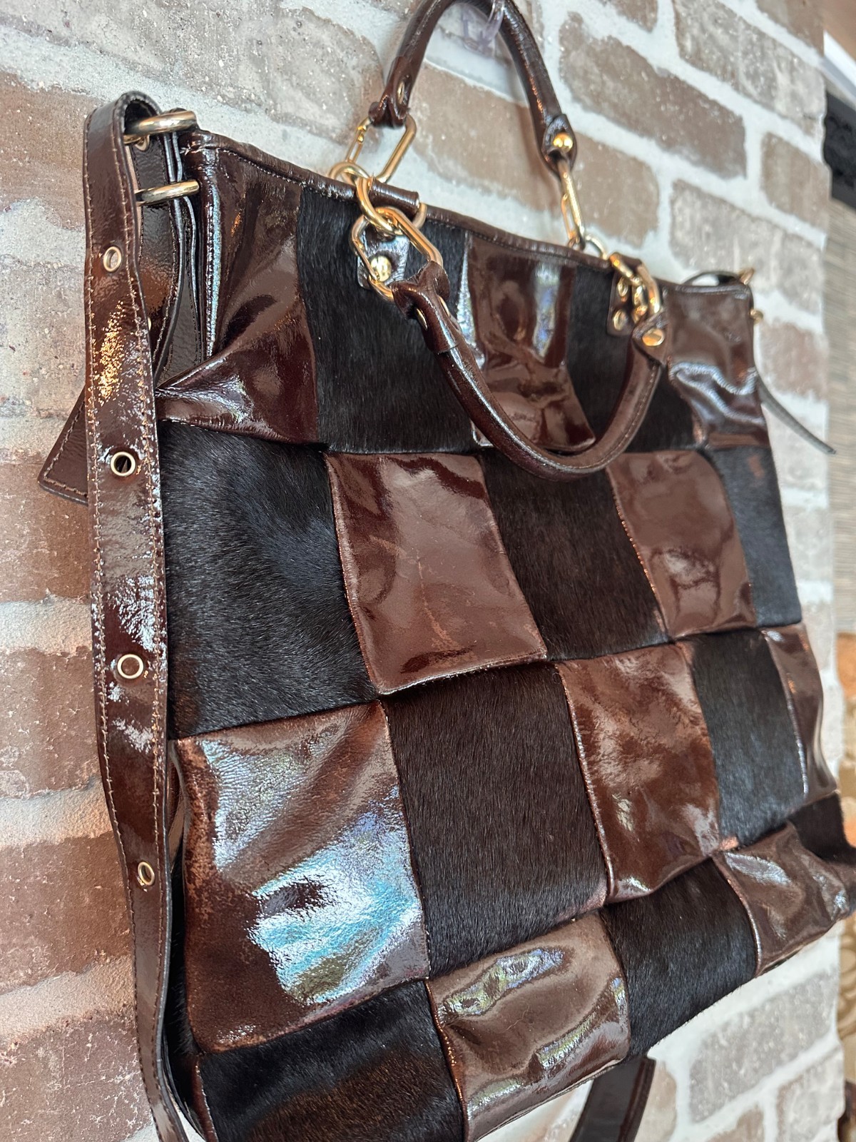 Pony hair & patent leather tote by Plinio Visona