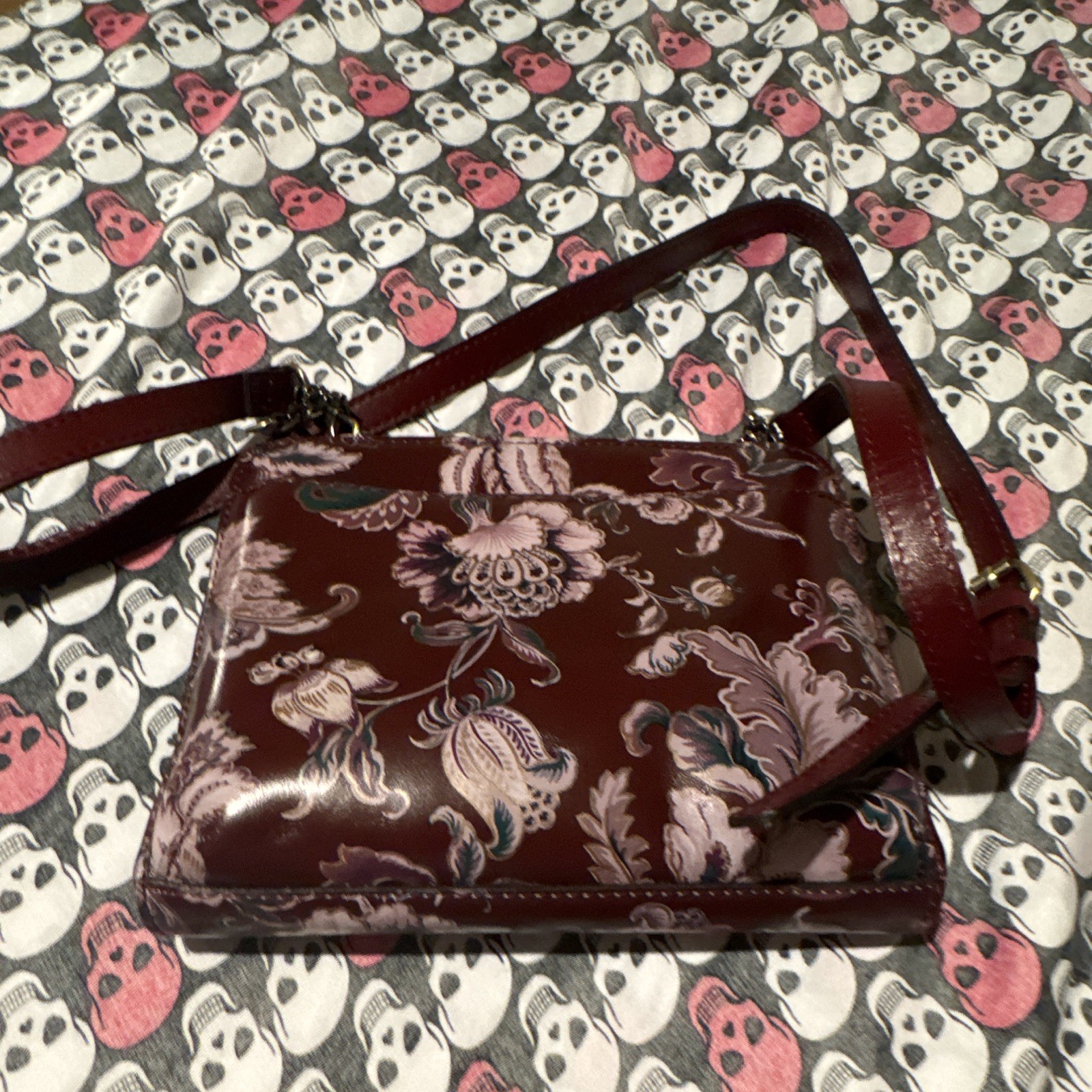 Burgundy Floral Frame Crossbody Bag w/ Chain Strap, Gold Hardware, Small