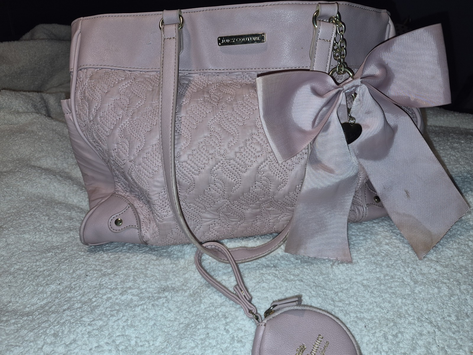 Juicy Couture Pink Quilted Large Tote Diaper Bag Bow with Accent Coin Purse Zip