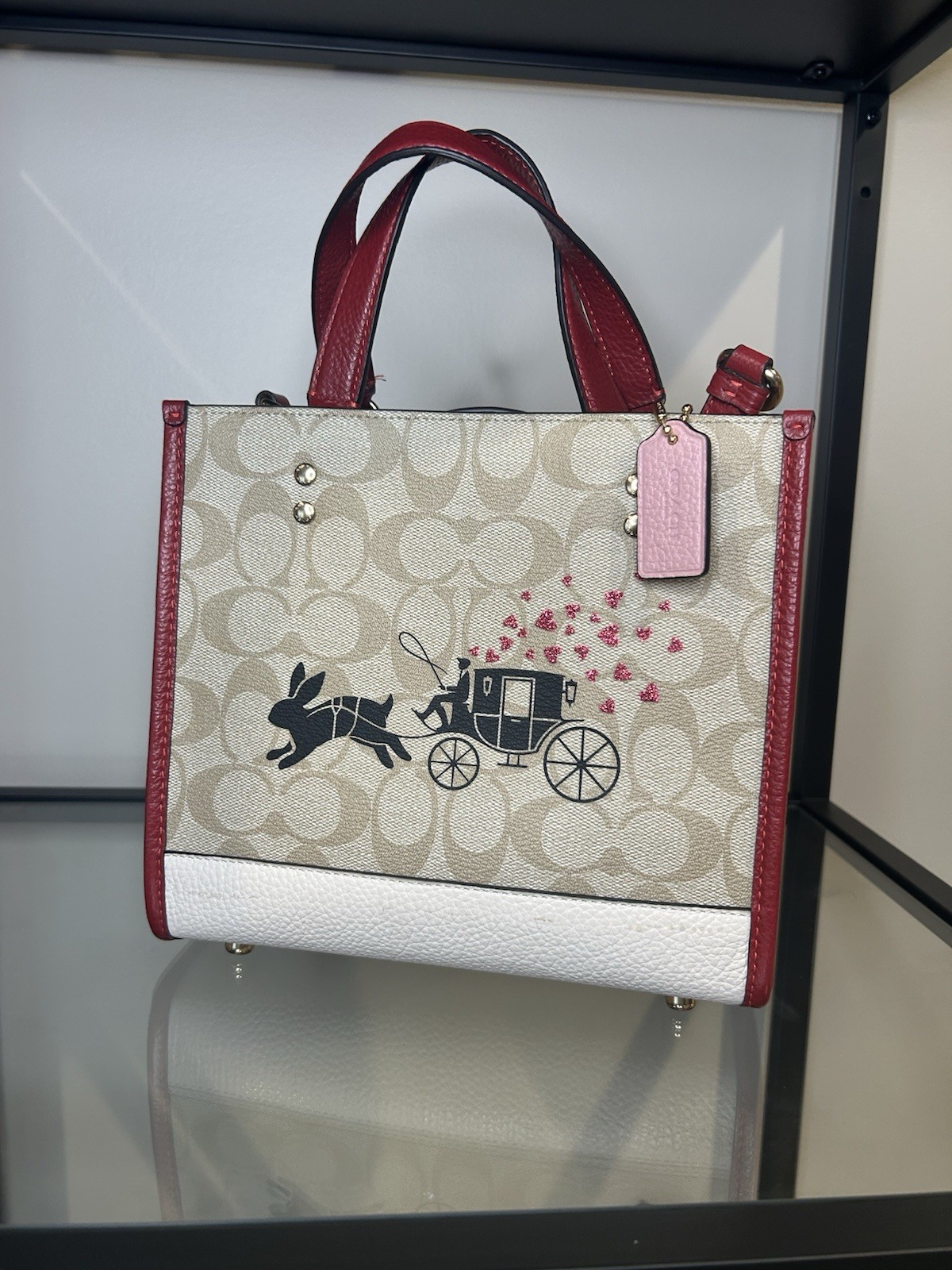 Coach Signature Horse & Carriage Satchel, Beige/Red/White, Zip, Strap