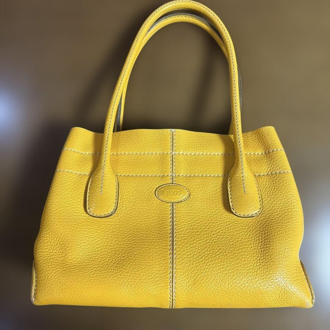 TODS Yellow Leather Tote Bag Womens Double Handle Casual Interior Zip Pocket