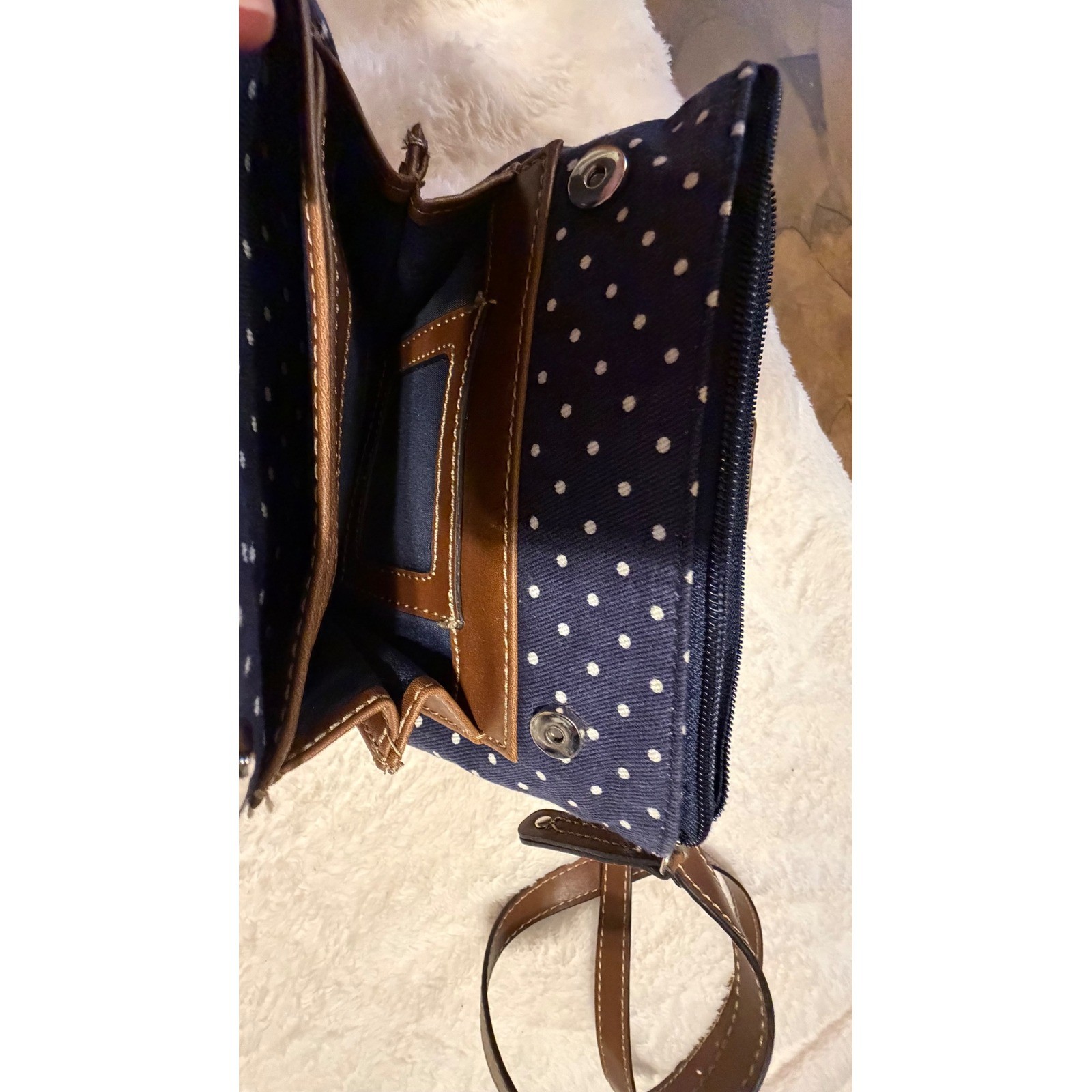 Chaps Navy Blue Polka Dot Crossbody Bag Brown Trim Canvas Small Messenger Purse