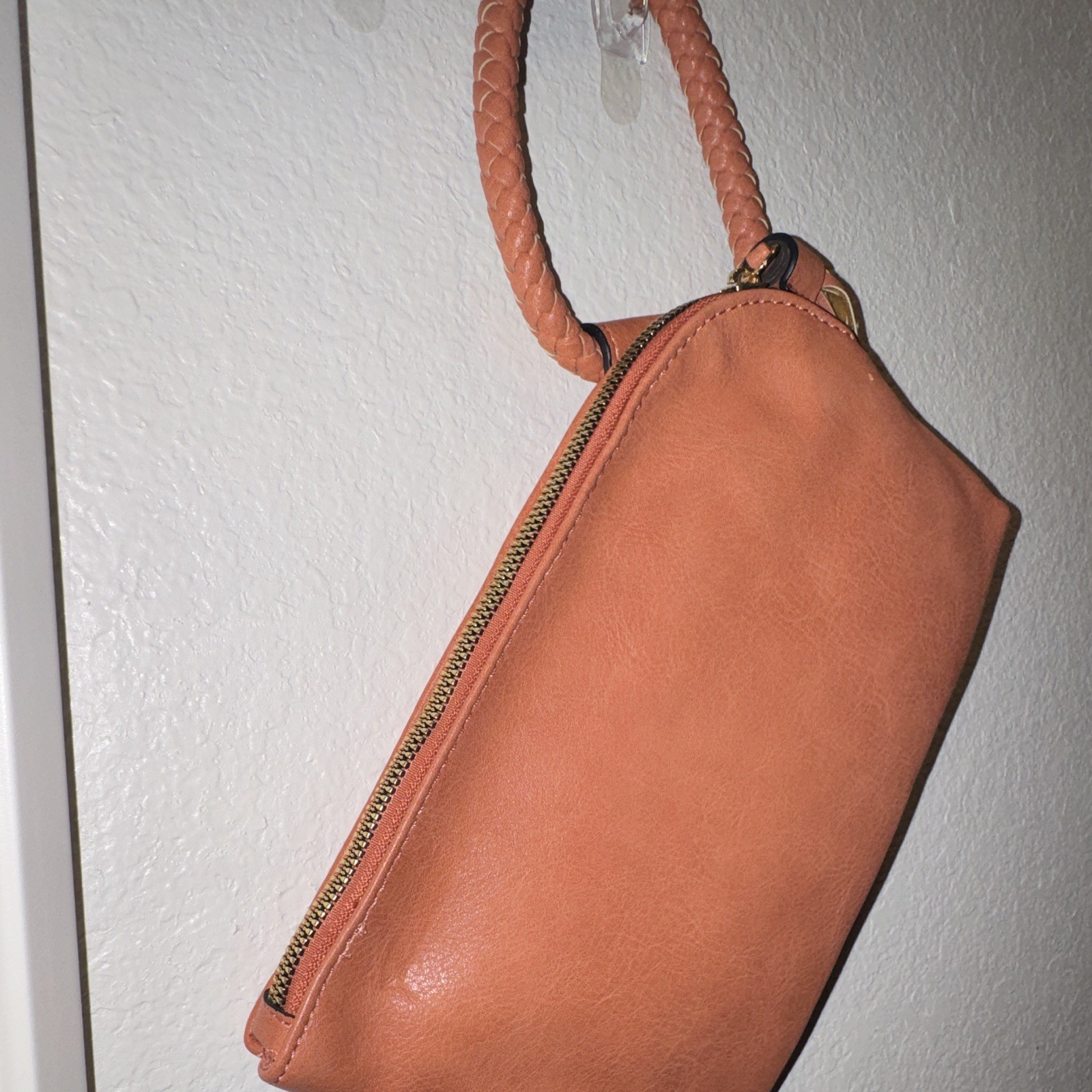 Metro Muse Tan Triangle Clutch Top Handle Zip Tassel Braided Handle Gold