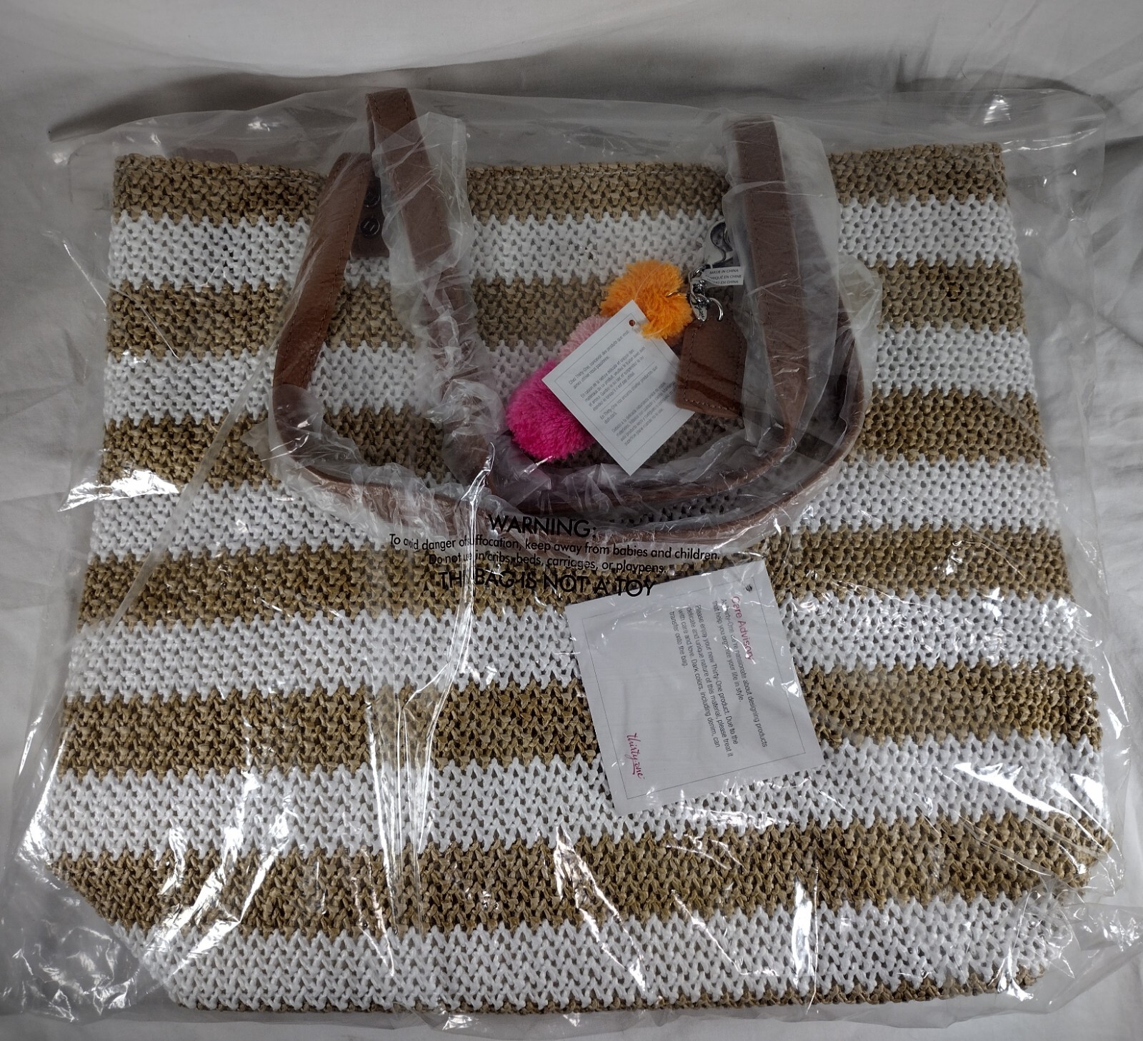 NEW – Thirty One Around Town Tote WHITE STRIPED STRAW – AF89