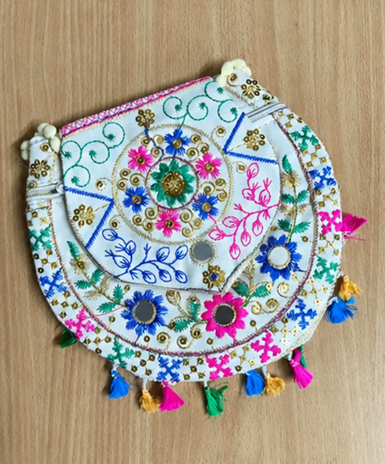 Handmade White Banjara Shoulder Bag, Bohemian Embroidered Crossbody Purse