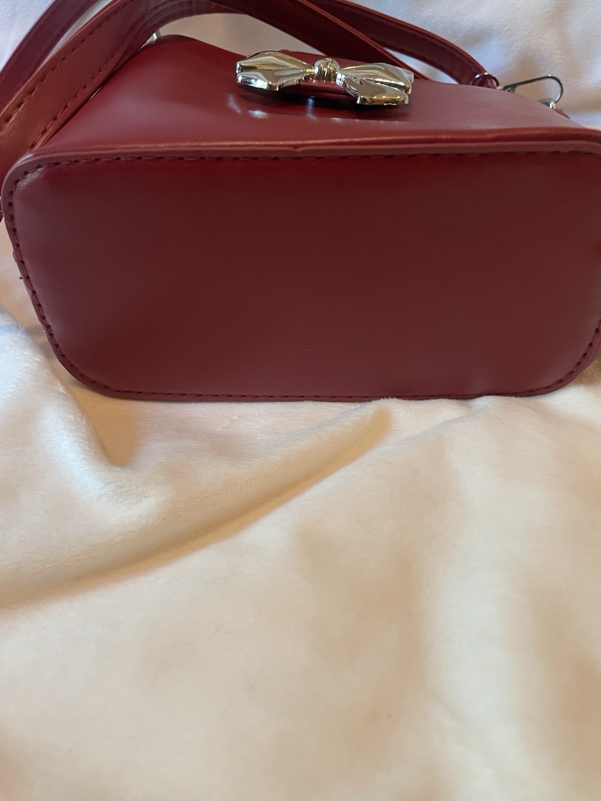 Small Burgundy Bucket Bag Top Handle Magnetic, Detachable Strap, Silver Bow