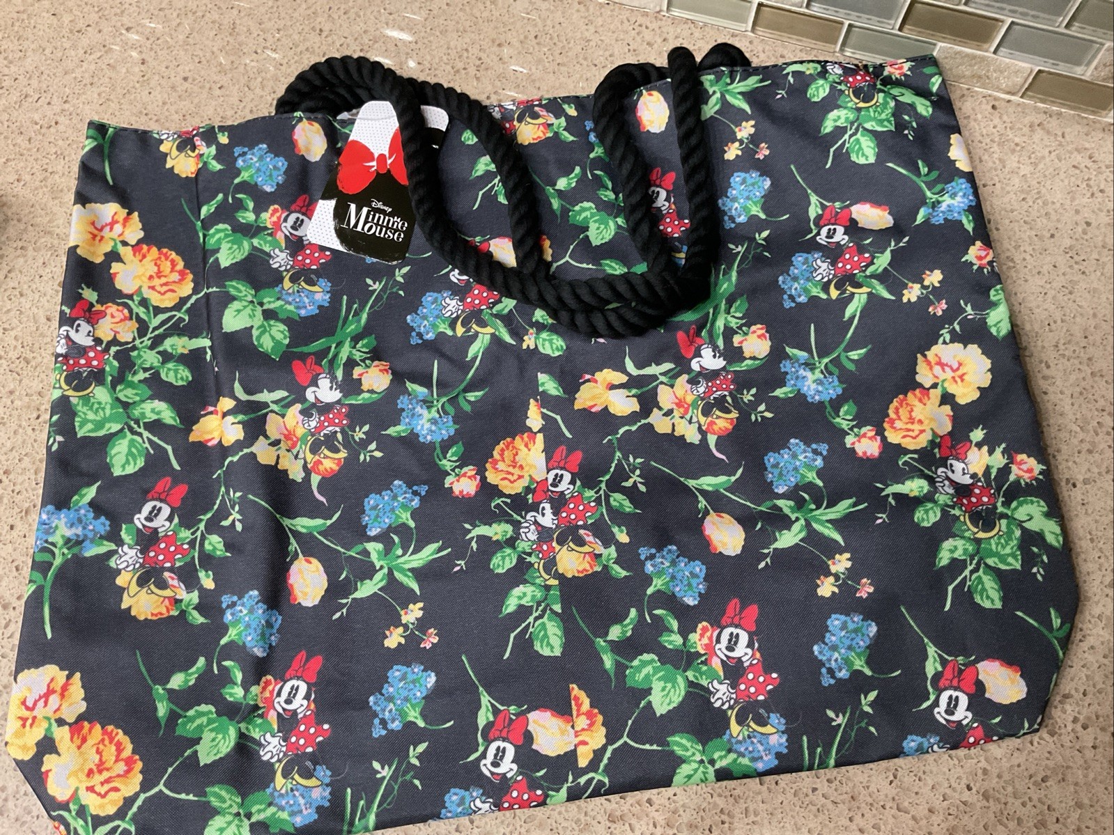 Disney Tote Bag Minnie Mouse Floral Rope Handle Hook & Loop Closure AOP New