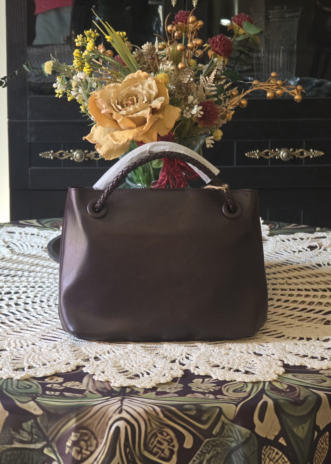 Grape Purple Very Soft Leather Handbag Woven Straps Gold Hardware Accent NWT