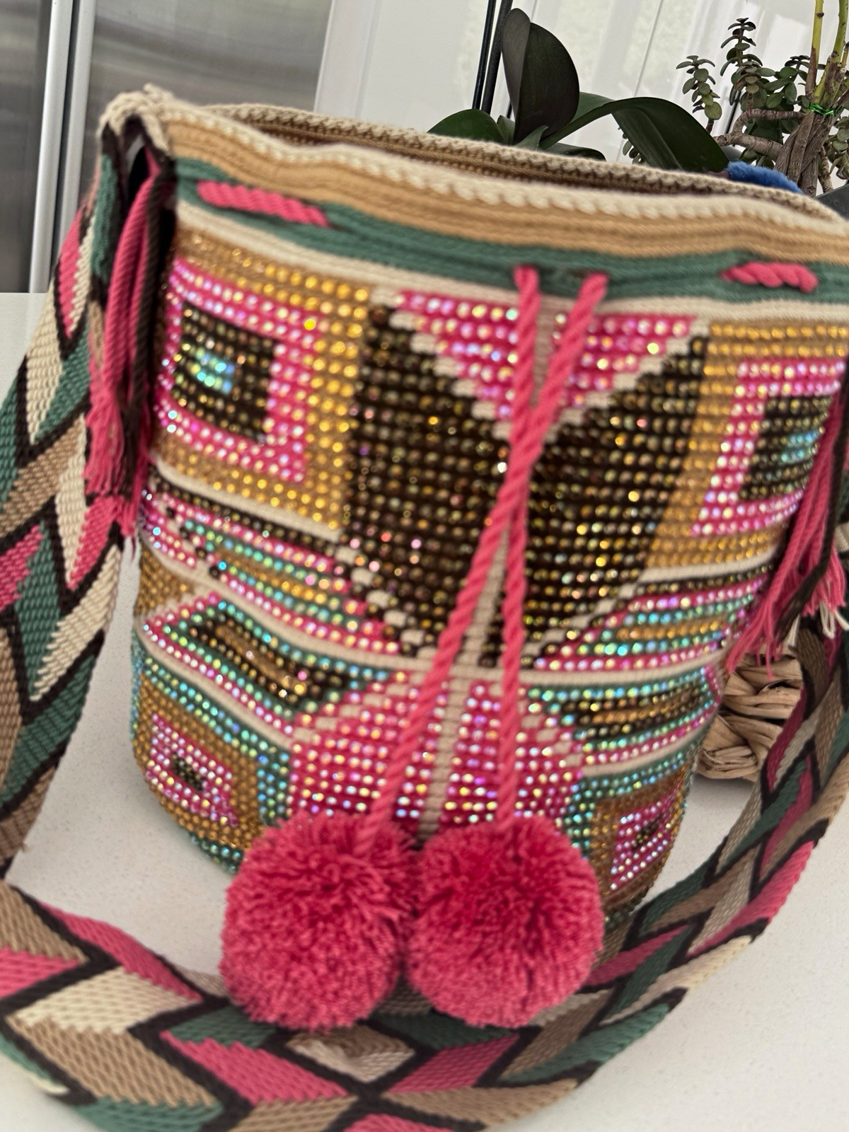 Handmade Crochet Beaded Geometric Bucket Crossbody Bag Drawstring Tassel