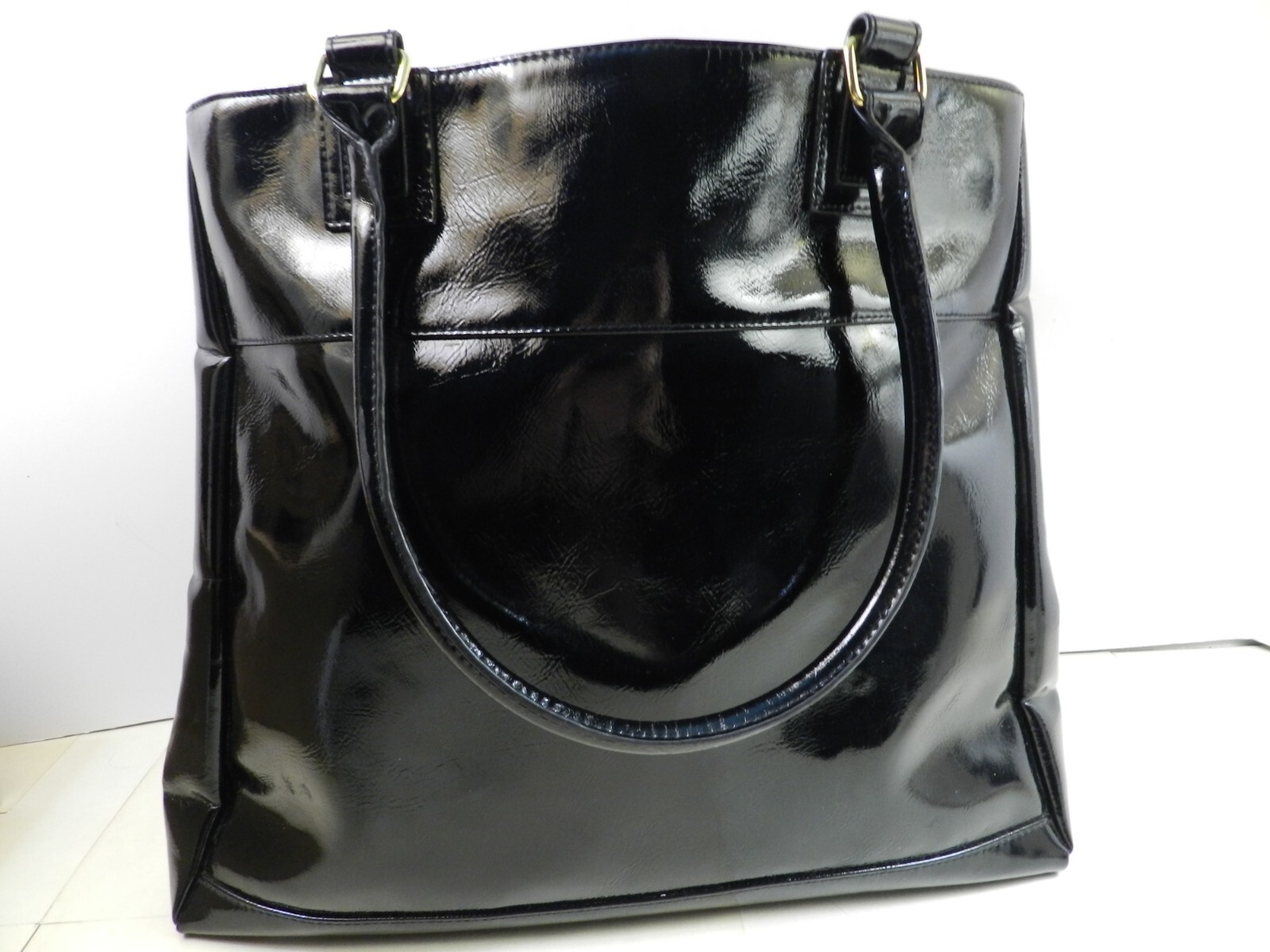Estee Lauder Black Faux Leather Tote Purple Polyester Line Gold Accents 12 x 14