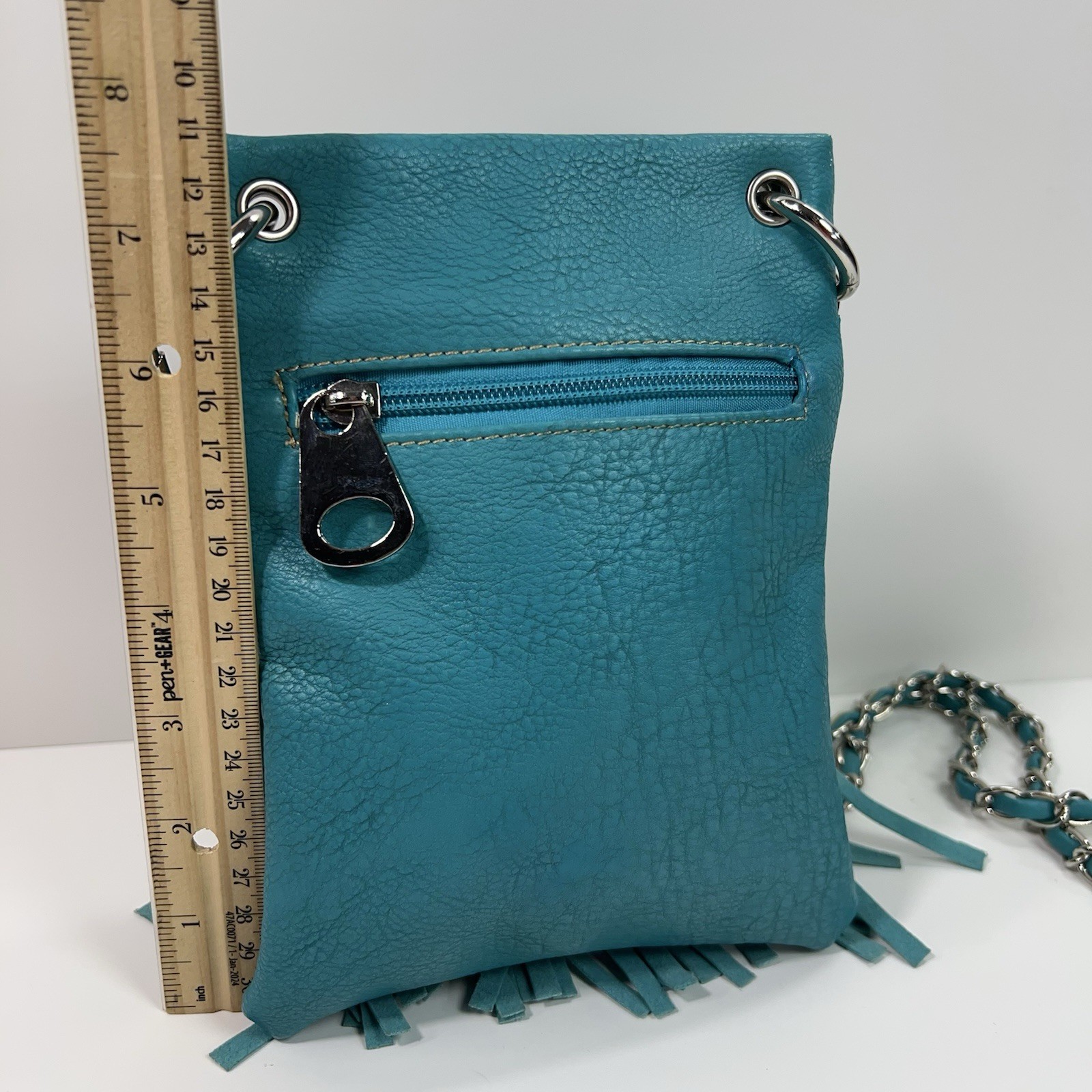 APT 9 Faux Leather Rhinestone Studded Crossbody Bag Chain Link Fringe Turquoise