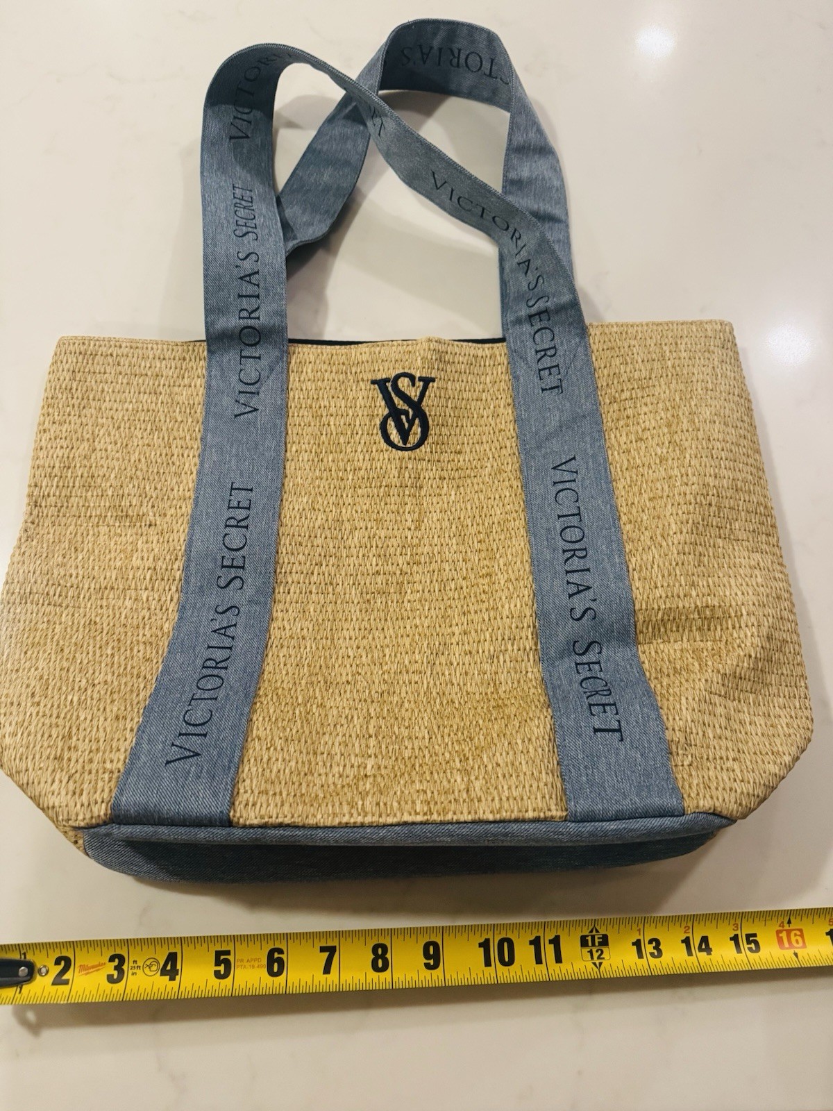 Victoria’s Secret Straw Tote Bag Denim Logo Straps Medium Beach Travel blue tan