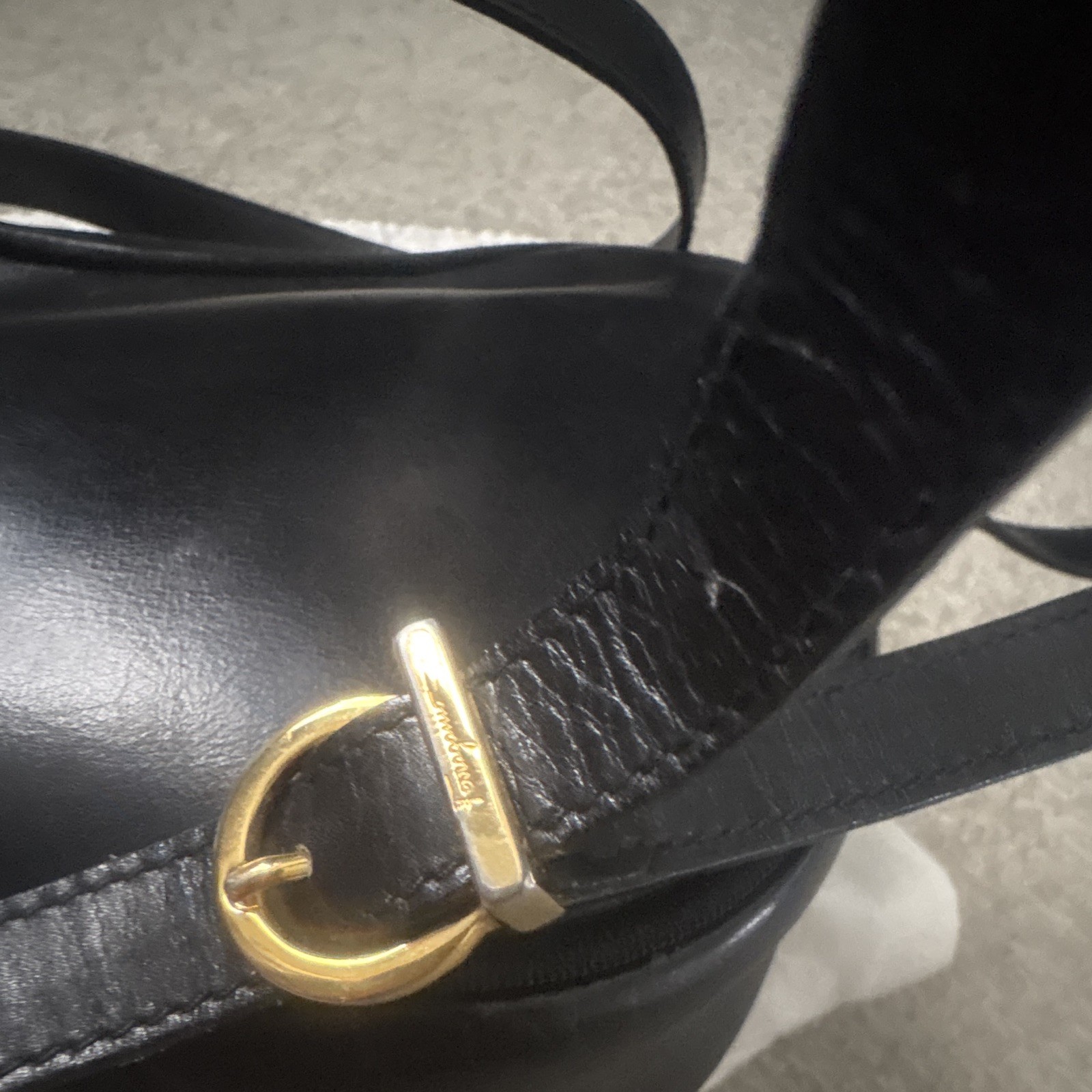Salvatore Ferragamo Small Black Shoulder Bag Zip Gold Hardware Logo Buckle