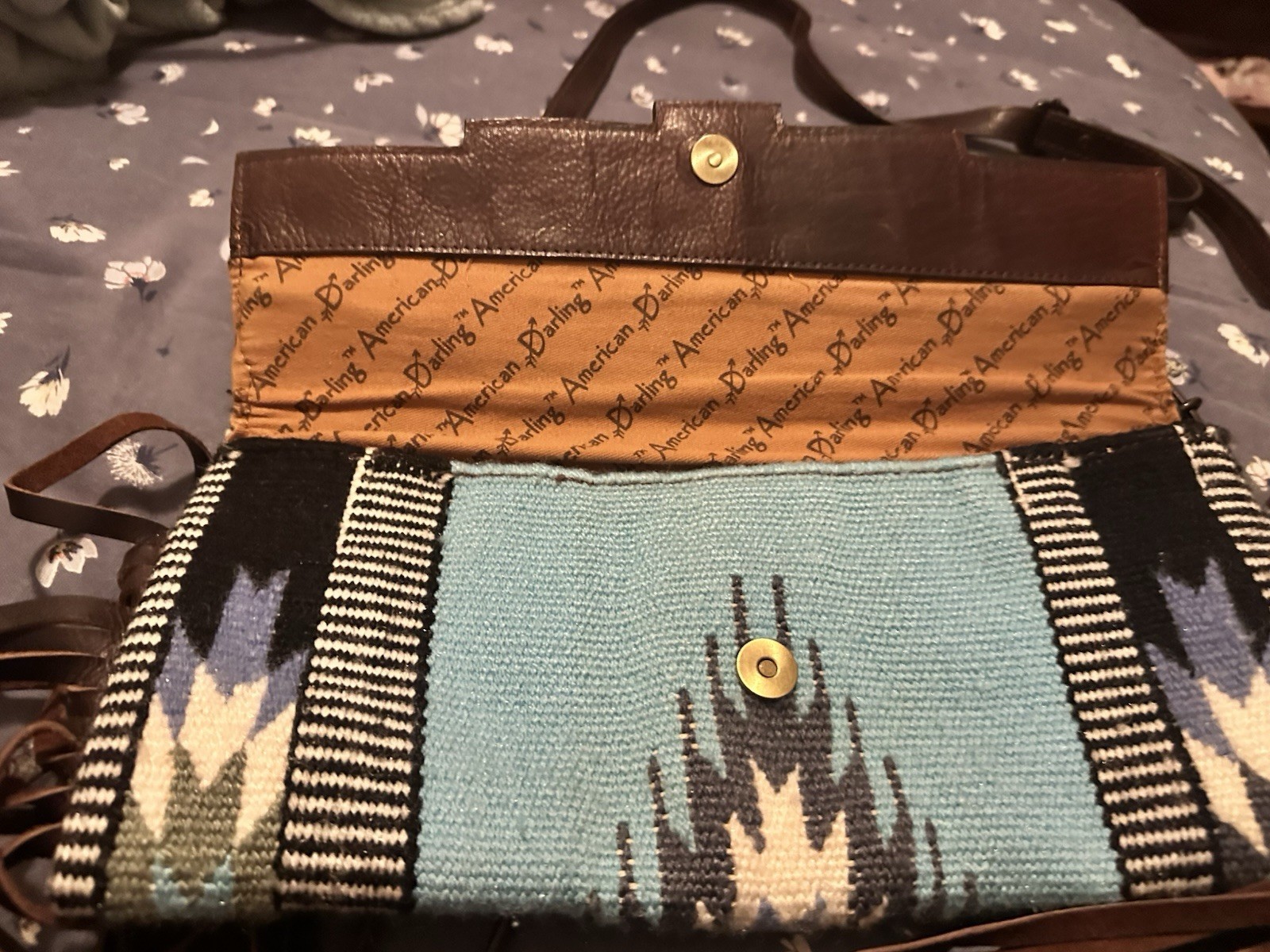 Darling Western Geometric Crossbody Bag Blue Tooled Flap Fringe Snap Closure