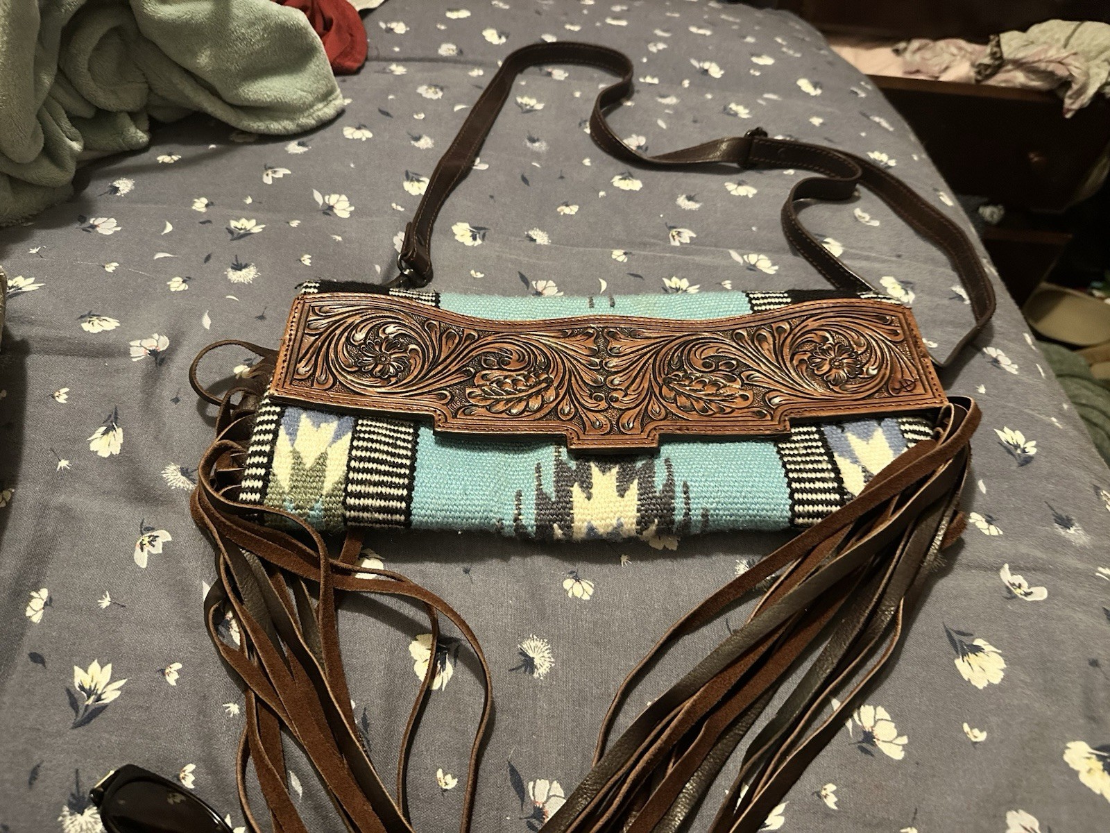 Darling Western Geometric Crossbody Bag Blue Tooled Flap Fringe Snap Closure