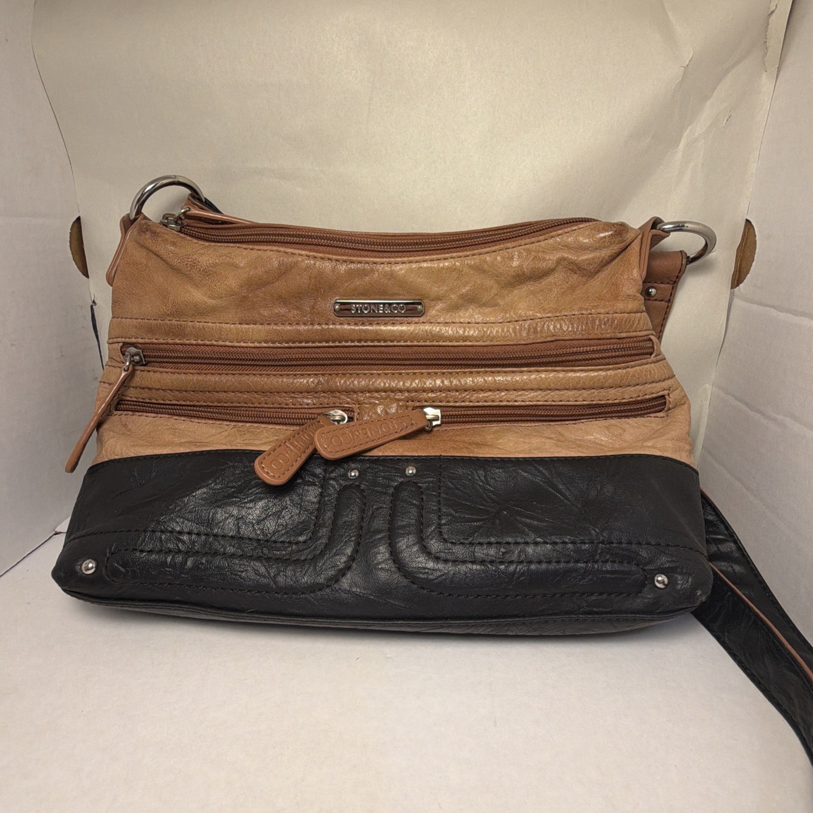 Stone & Co. Brown Black Colorblock Shoulder Bag Zip Top Detachable Strap