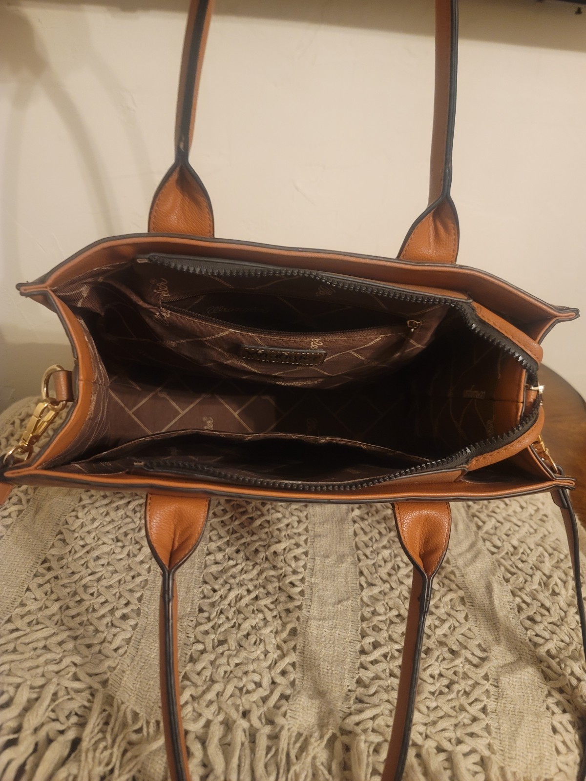 Wrangler Brown Medium Satchel Top Handle Zip Top Detach Strap Gold Hardware