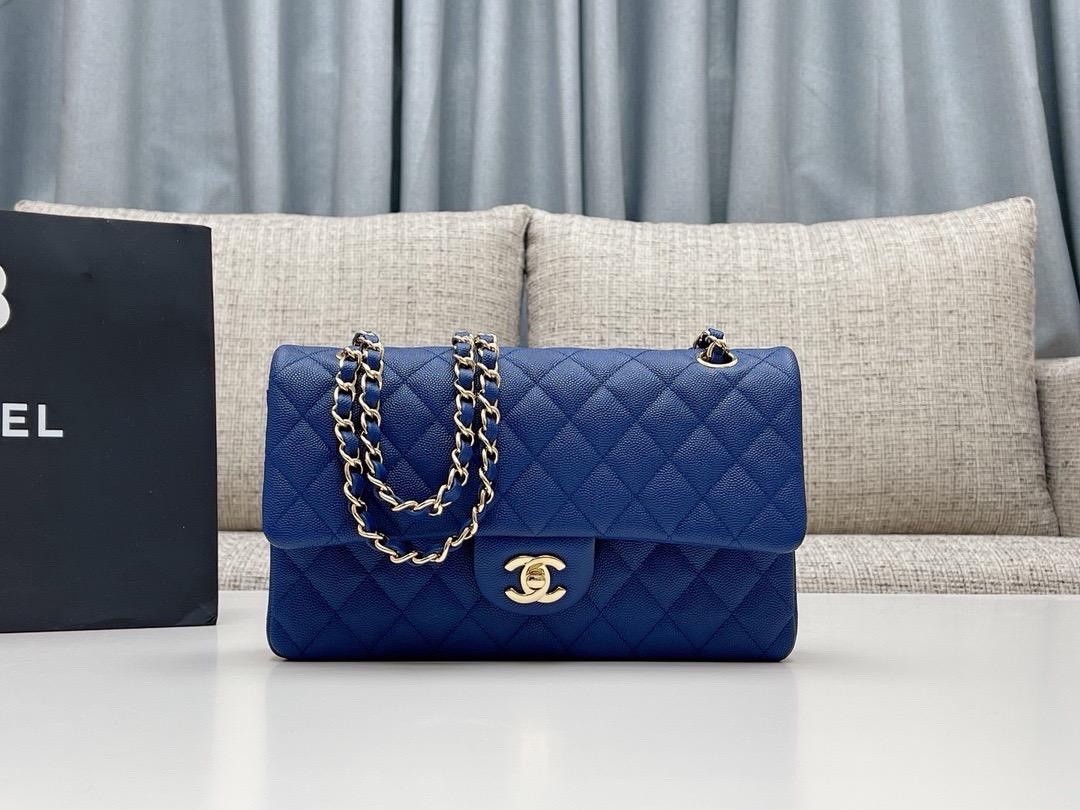 CHANEL Blue Quilted Flap Shoulder Bag Turn Lock Gold Chain Strap Medium