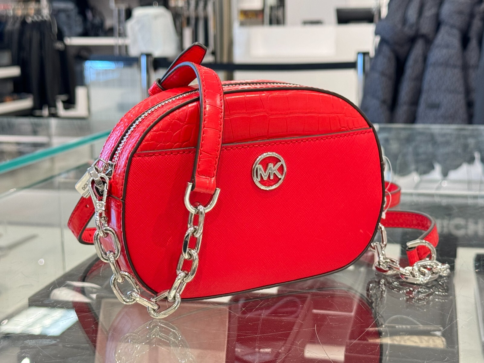 MICHAEL KORS JET SET GLAM SMALL FRONT POCKET OVAL CROSSBODY BAG BRIGHT RED