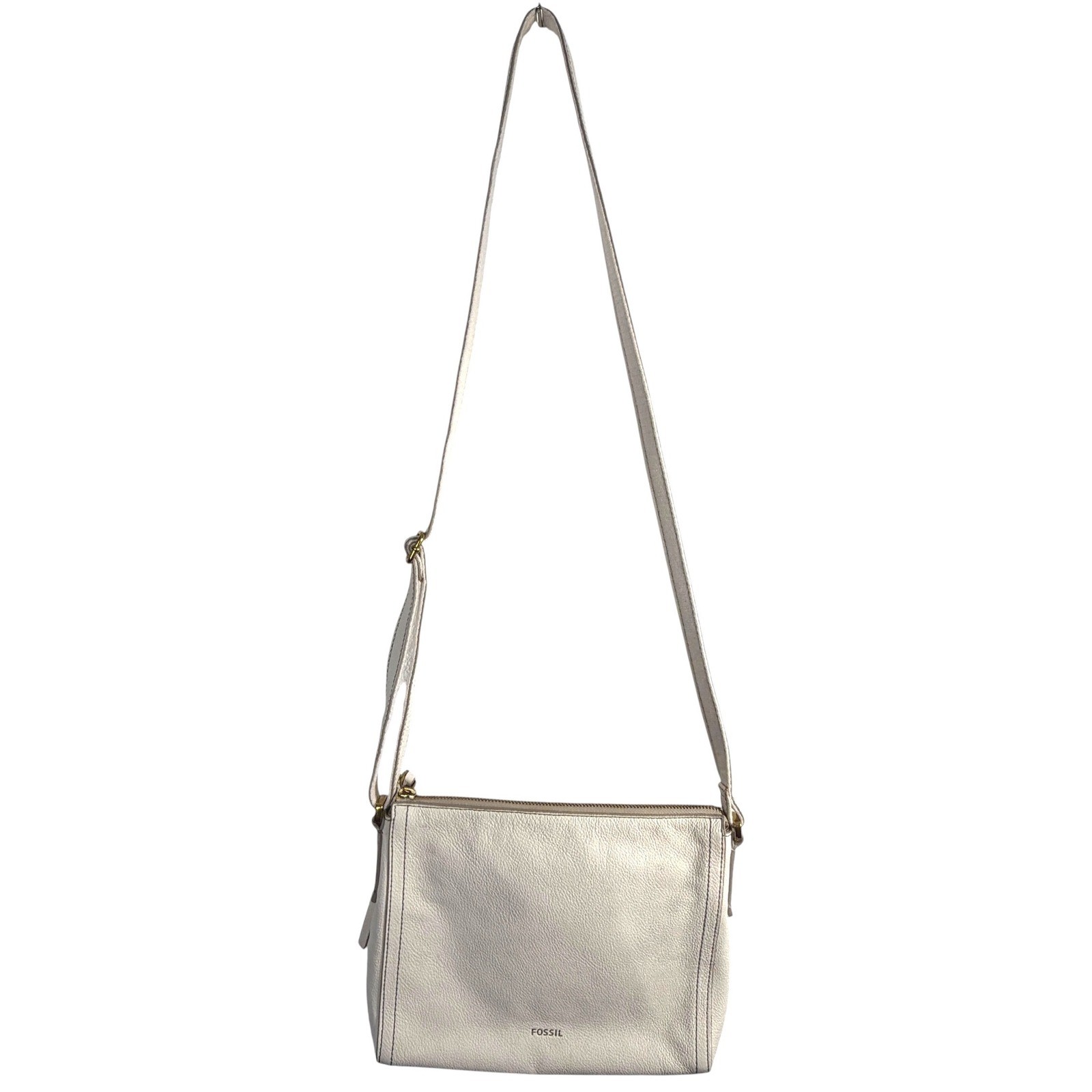 Fossil White Emma Pebbled Leather Crossbody Bag Small Zip Top Purse Gold Tone