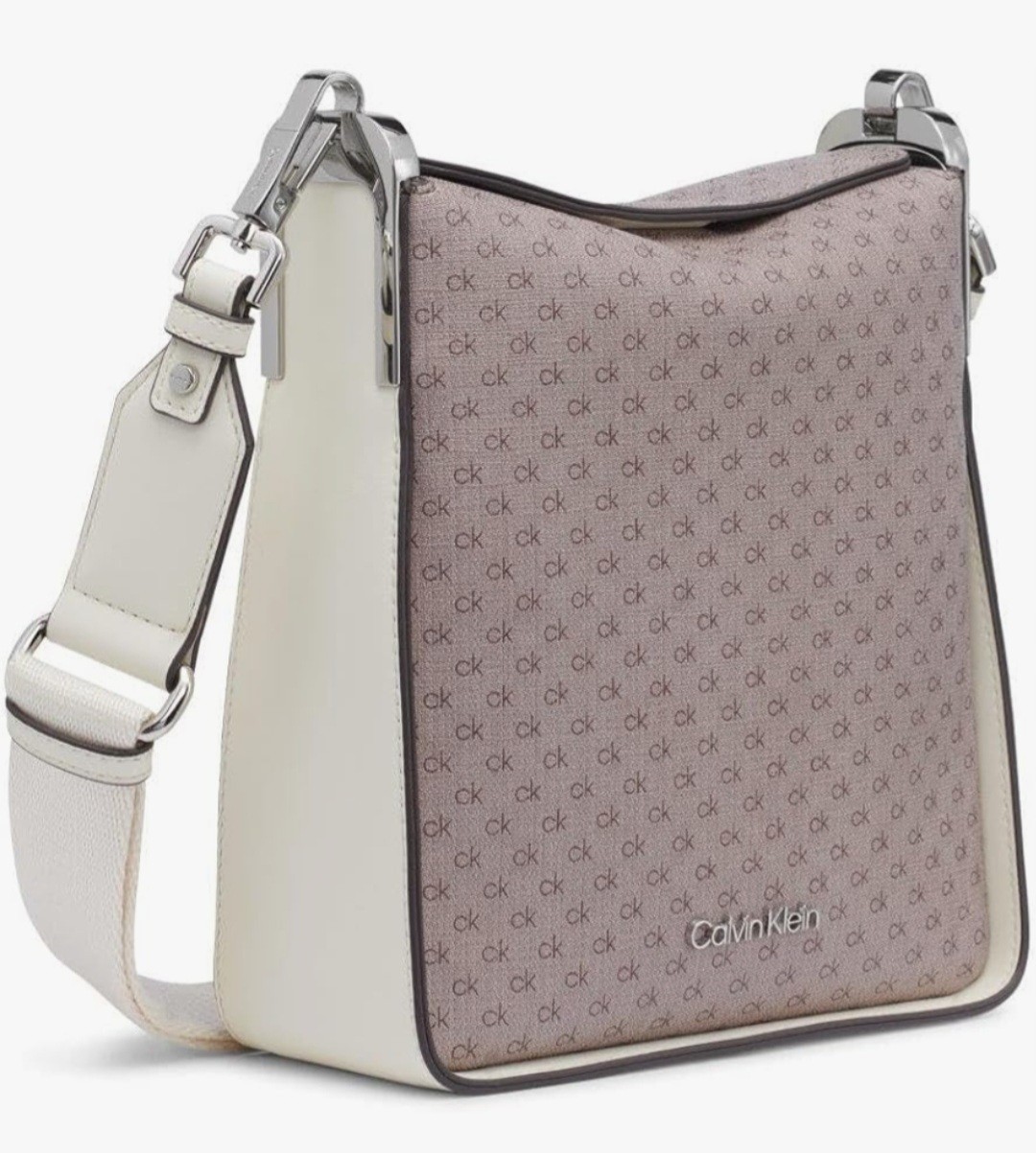 Calvin Klein CK Monogram Small Crossbody Bag Zip Adjustable Strap Beige/White