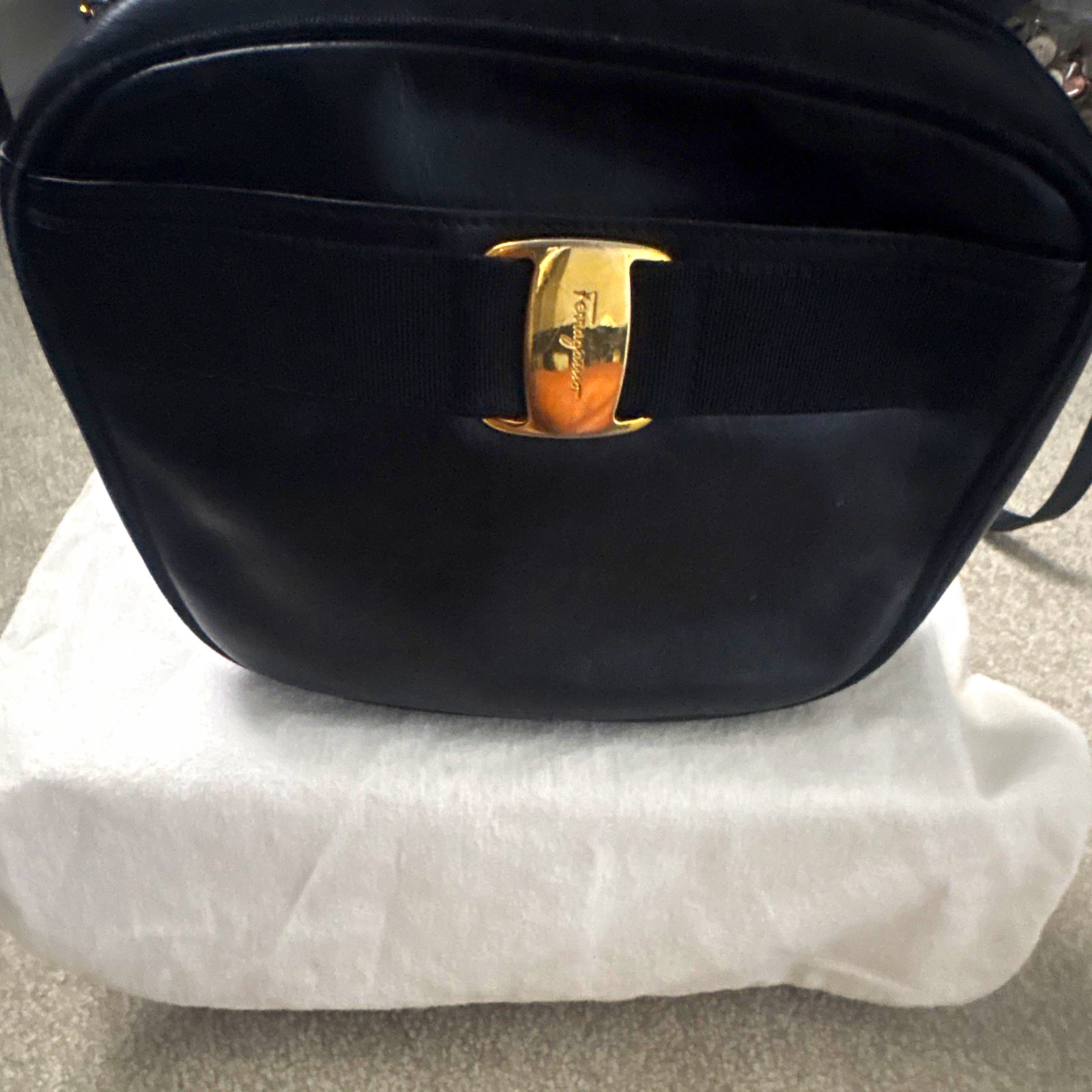 Salvatore Ferragamo Small Black Shoulder Bag Zip Gold Hardware Logo Buckle