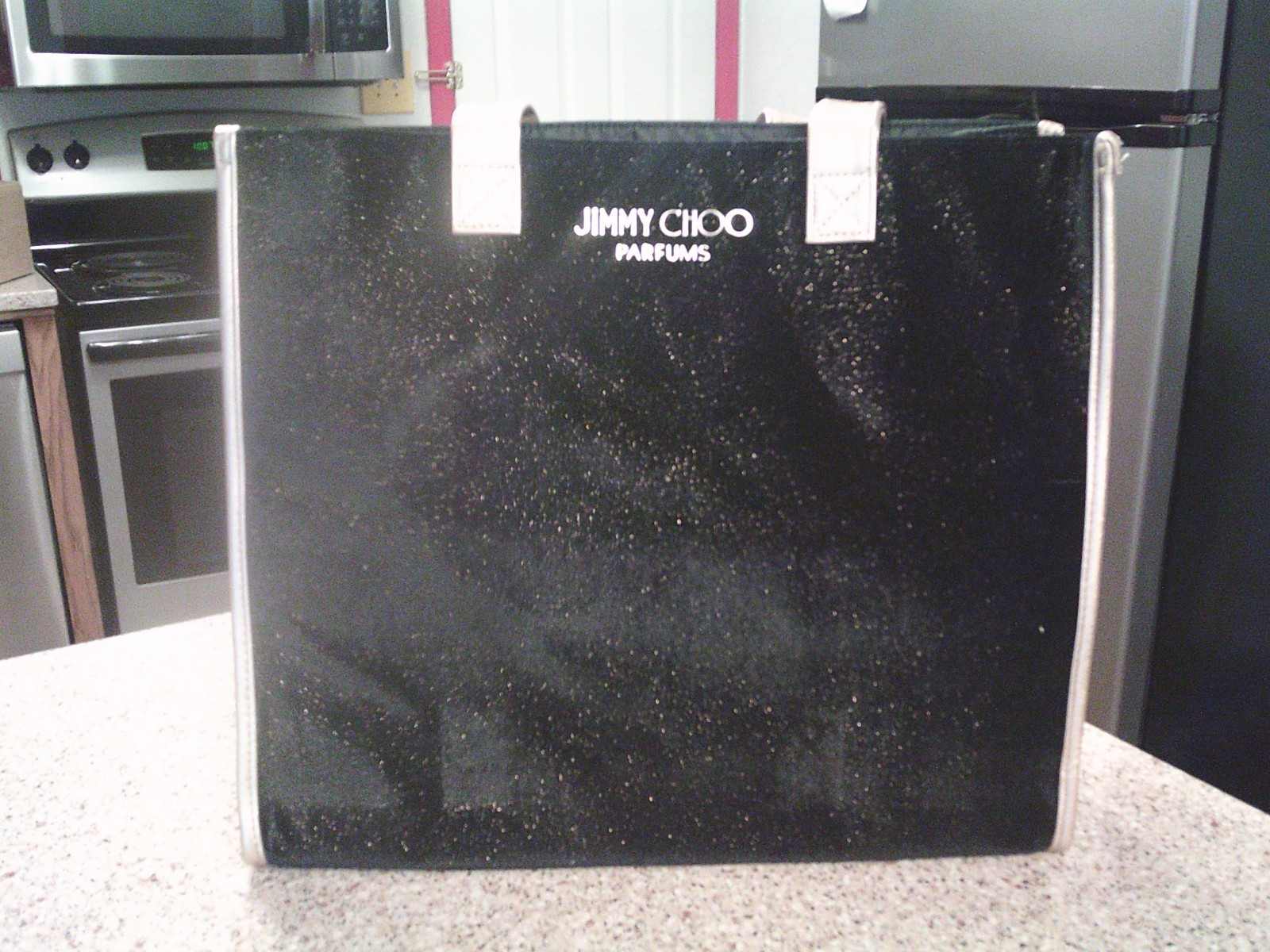 JIMMY CHOO PARFUMS BLACK VELVET TOTE WITH GOLD GLITTER AND TRIM