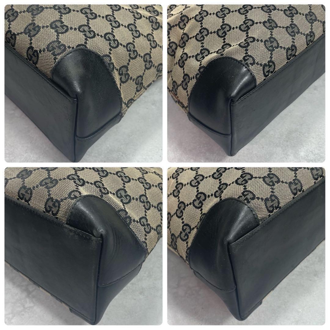 GUCCI 002.1119.1705 GG Tote Bag Black Beige Logo Canvas Leather Zip From Japan