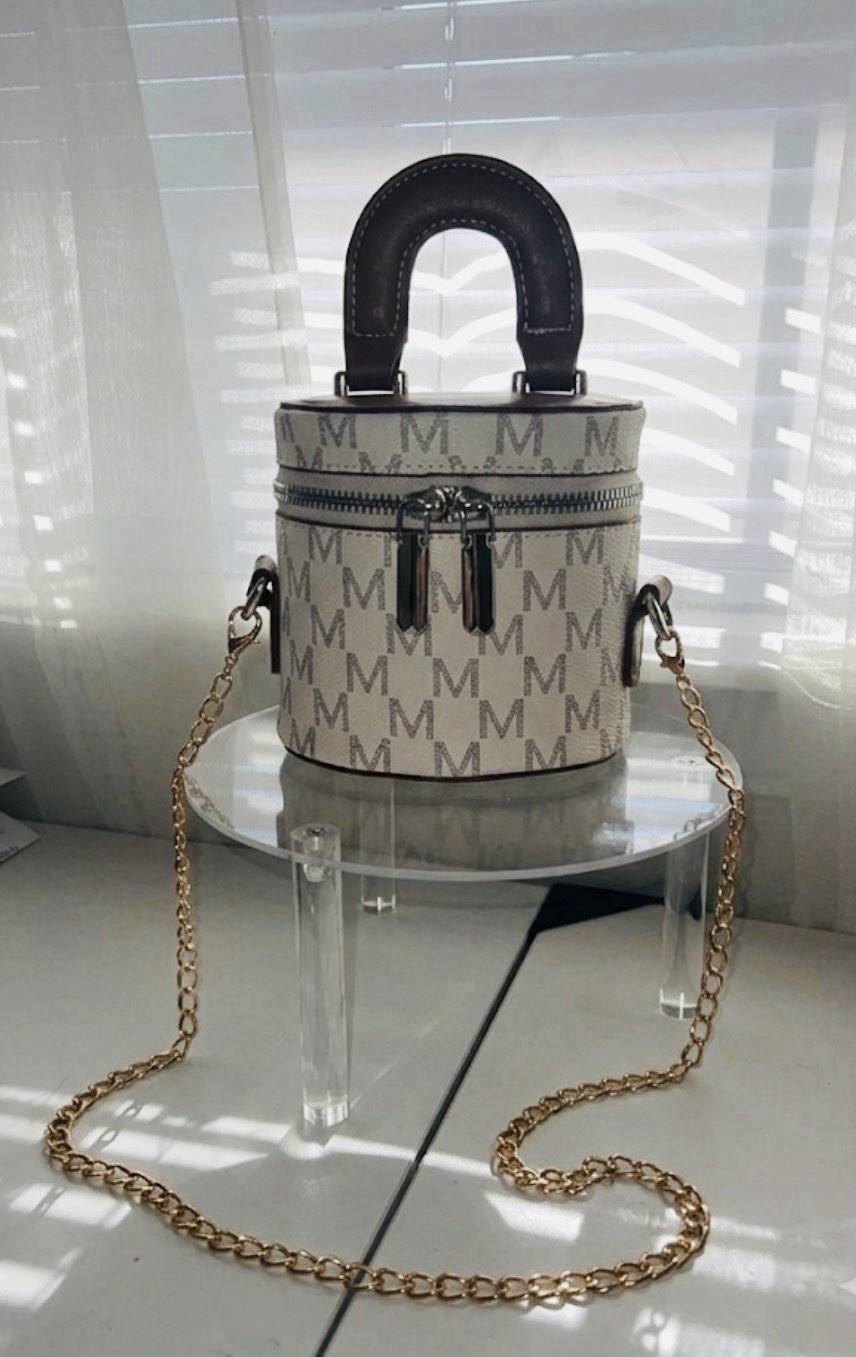 Women’s Beige Small Monogram Cylinder Crossbody Bag Top Handle Gold Chain Zip