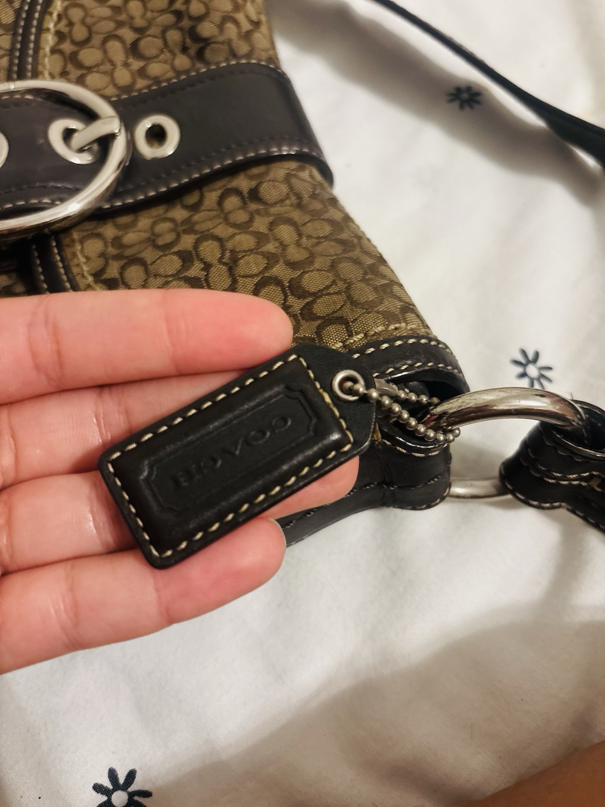 Coach Soho Signature Shoulder Bag Small Crescent Buckle Brown Black
