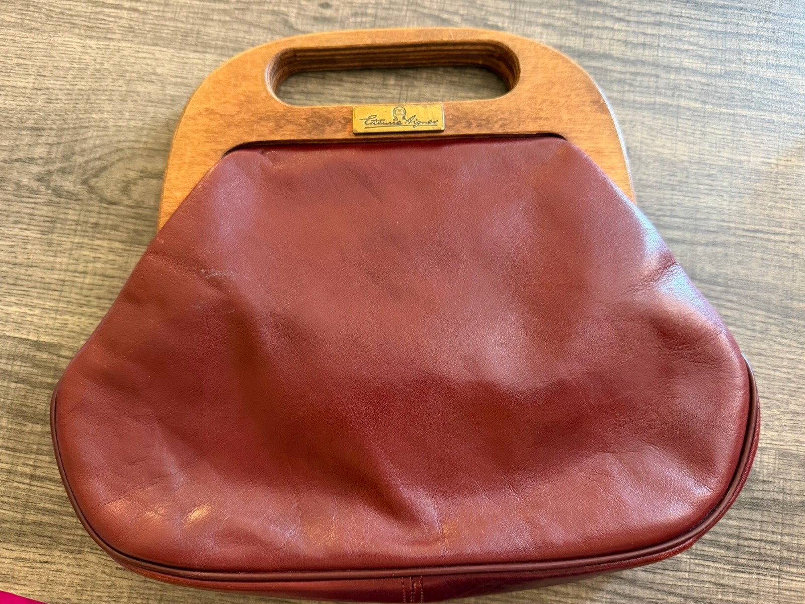 VTG Etienne Aigner Burgundy Leather Handbag with Wood Handle