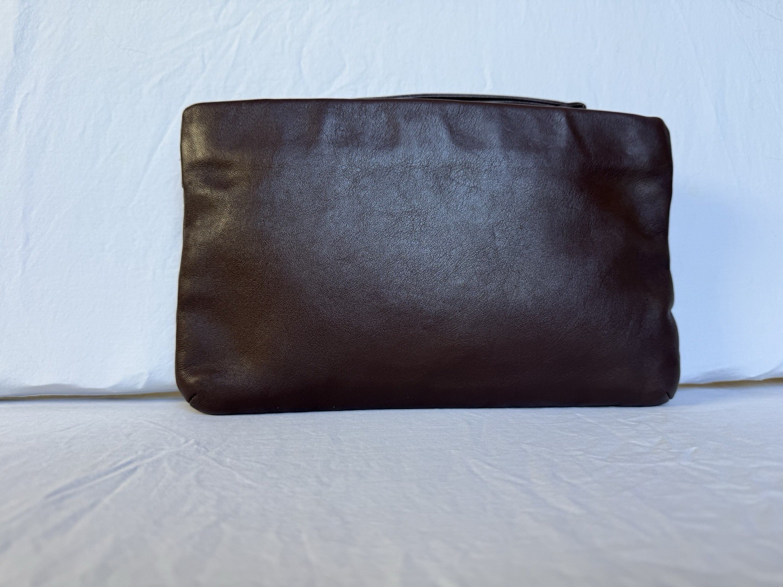 Vintage GANSON Leather Clutch Bag Gold G Logo Minimalist 70s 80s Brown