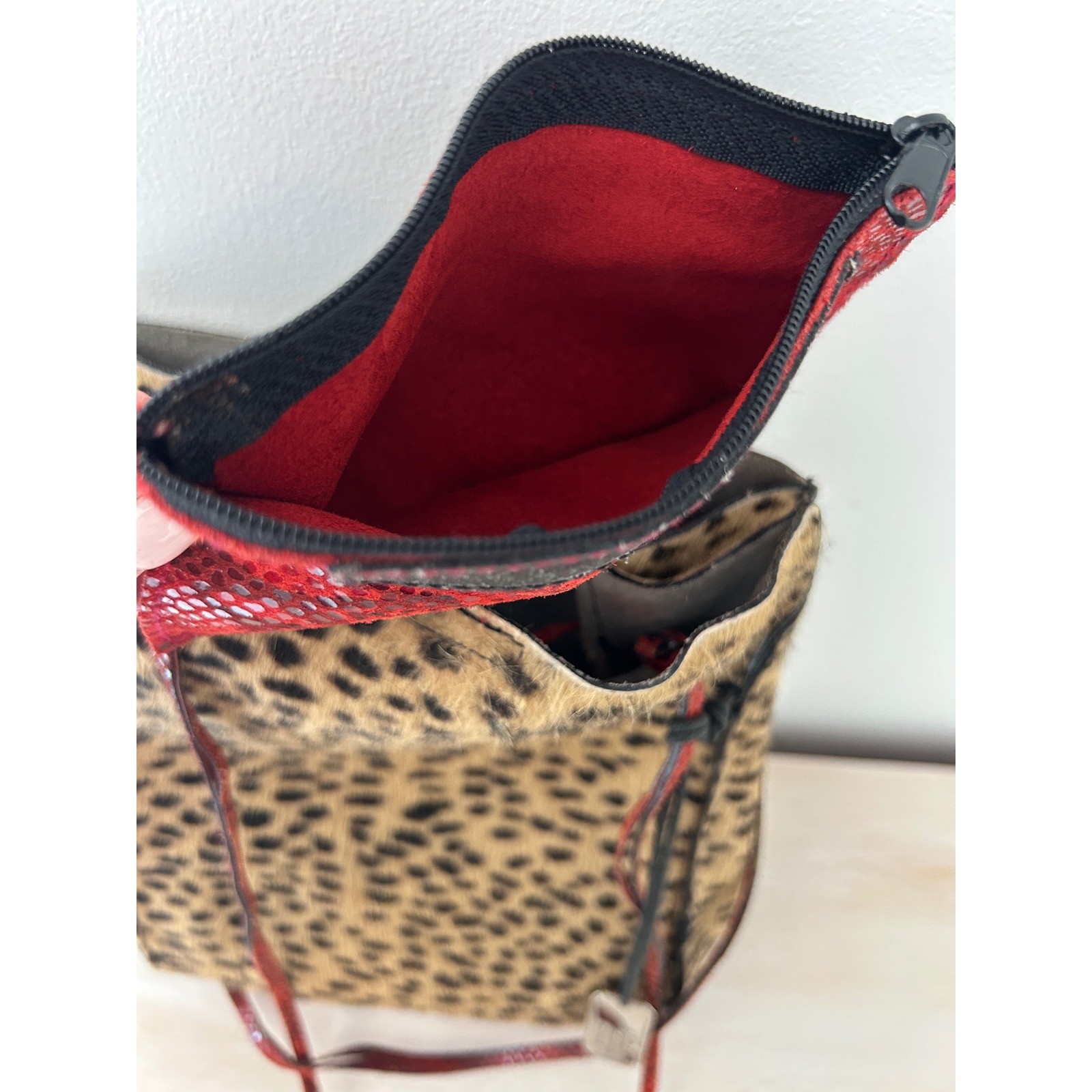 VTG Harold Powell Leopard Calf Hair Crossbody Bag Red Snakeskin Trim with Pouch