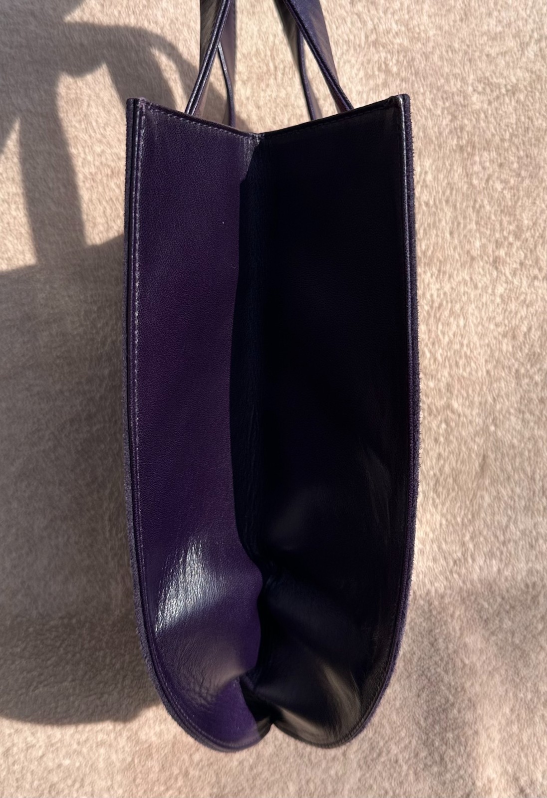 EUC TUMI Purple Suede Gusseted Small Tote Calfskin Leather Trim Pink Satin ITALY