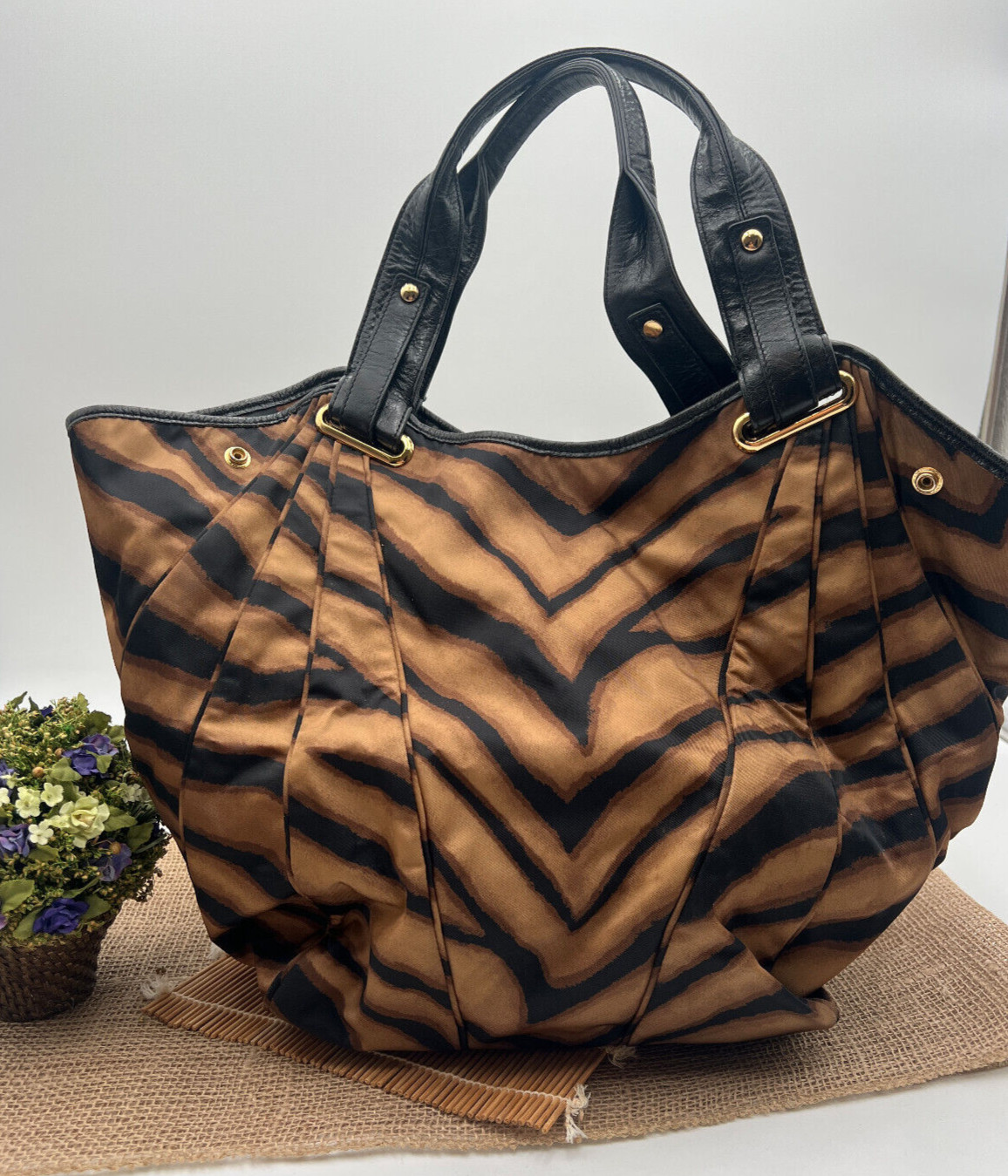 Kooba Large Black Brown Striped Jackie Hobo Tiger Print Handbag