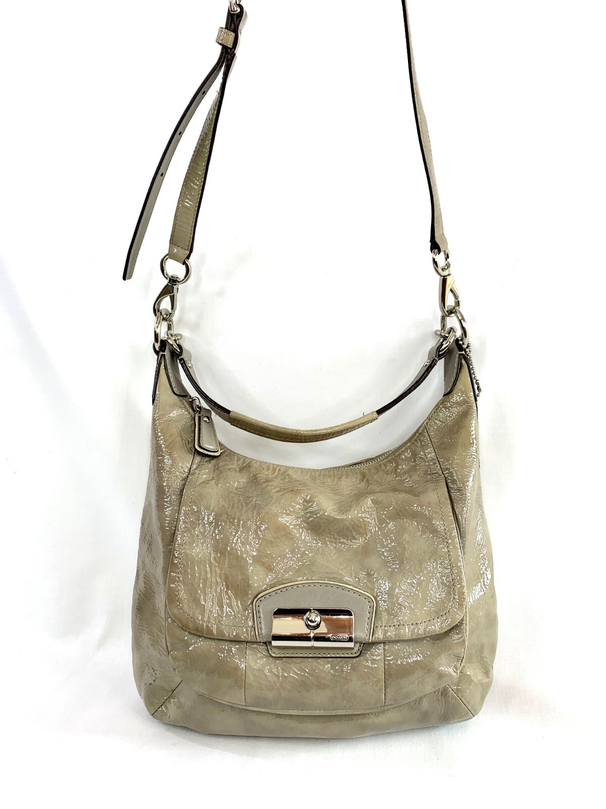 Coach Kristin 19299 Taupe Patent Leather Convertible Flap Shoulder Bag Purse