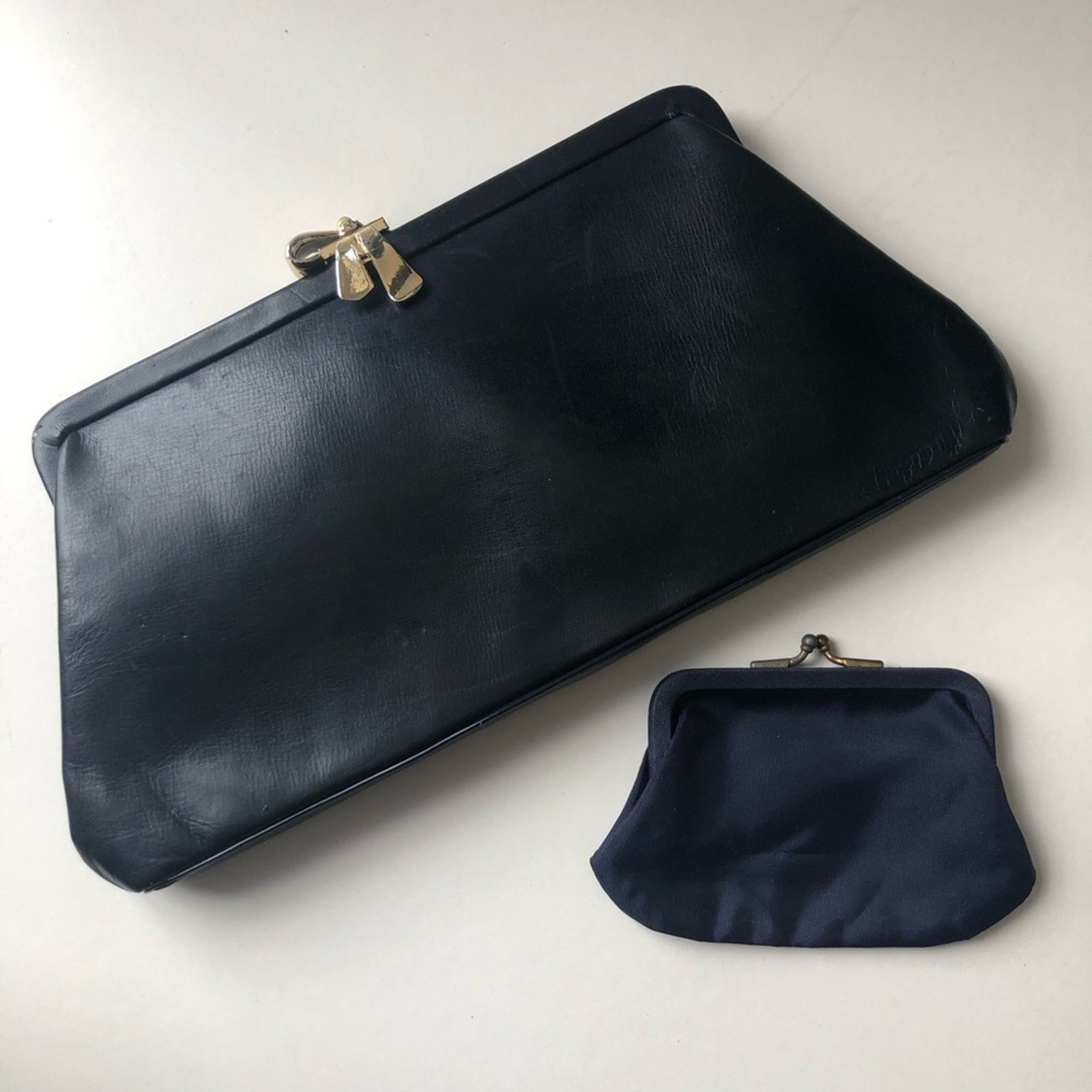 Leather Clutch Bow Detail and Coin Purse Set Navy Vintage 2 Piece Set