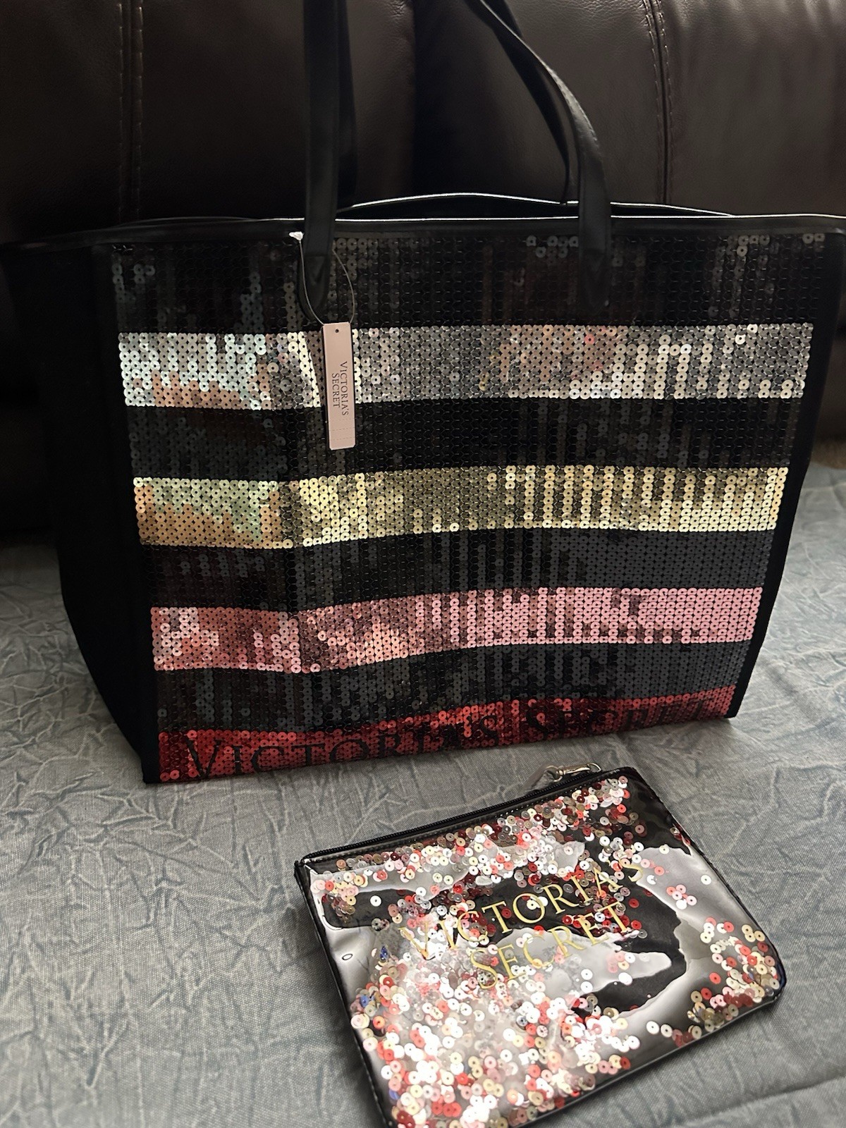NEW Victorias Secret Sequin Stripe Tote Bag & Wristlet Black Gold Pink Red Large