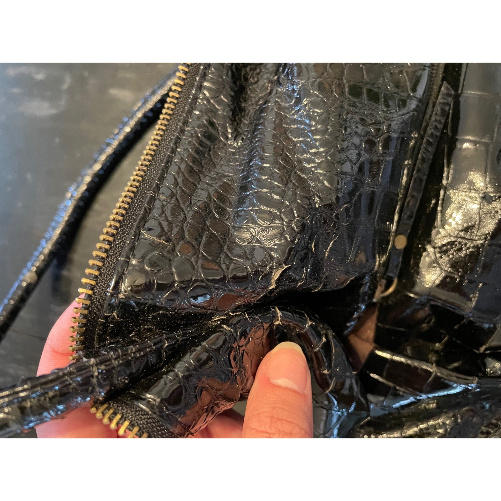 D&G Dolce & Gabbana Zebra Print Faux Fur Croc Embossed Patent Shoulder Bag Black