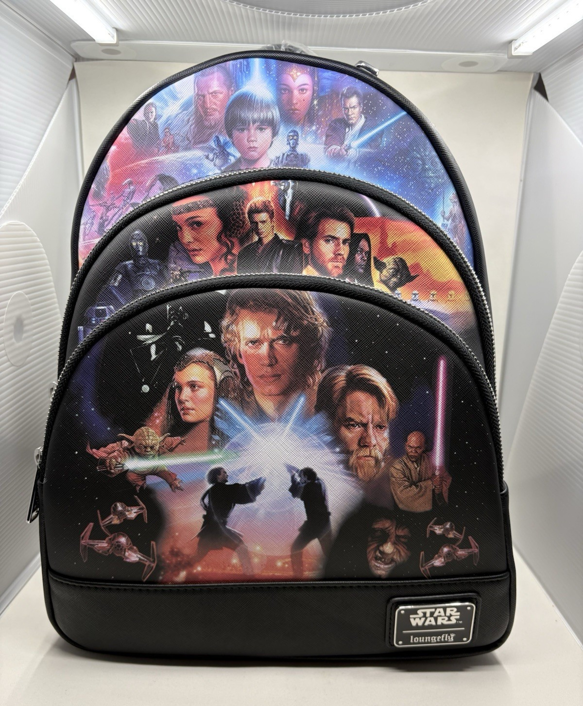 NWT Loungefly Star Wars Trilogy Mini Backpack Graphic Print Zip w/ Bag Charm