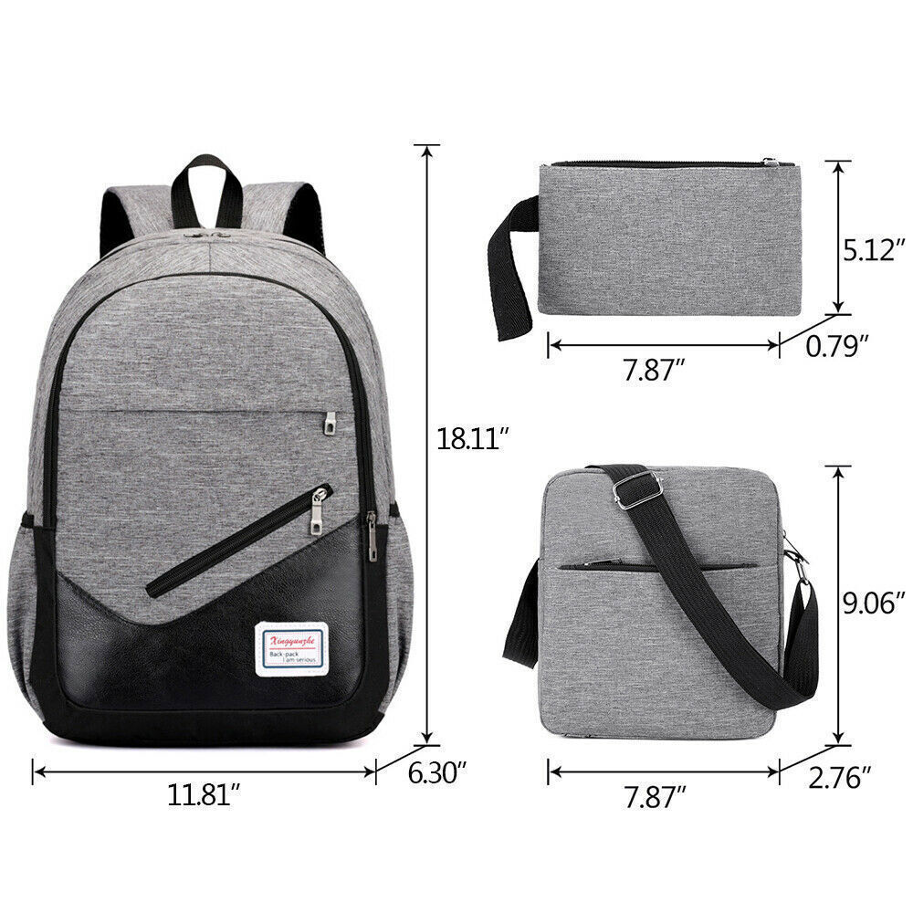 3pcs Set Men Women Backpack Bookbag School Travel Laptop Rucksack Zipper Bag