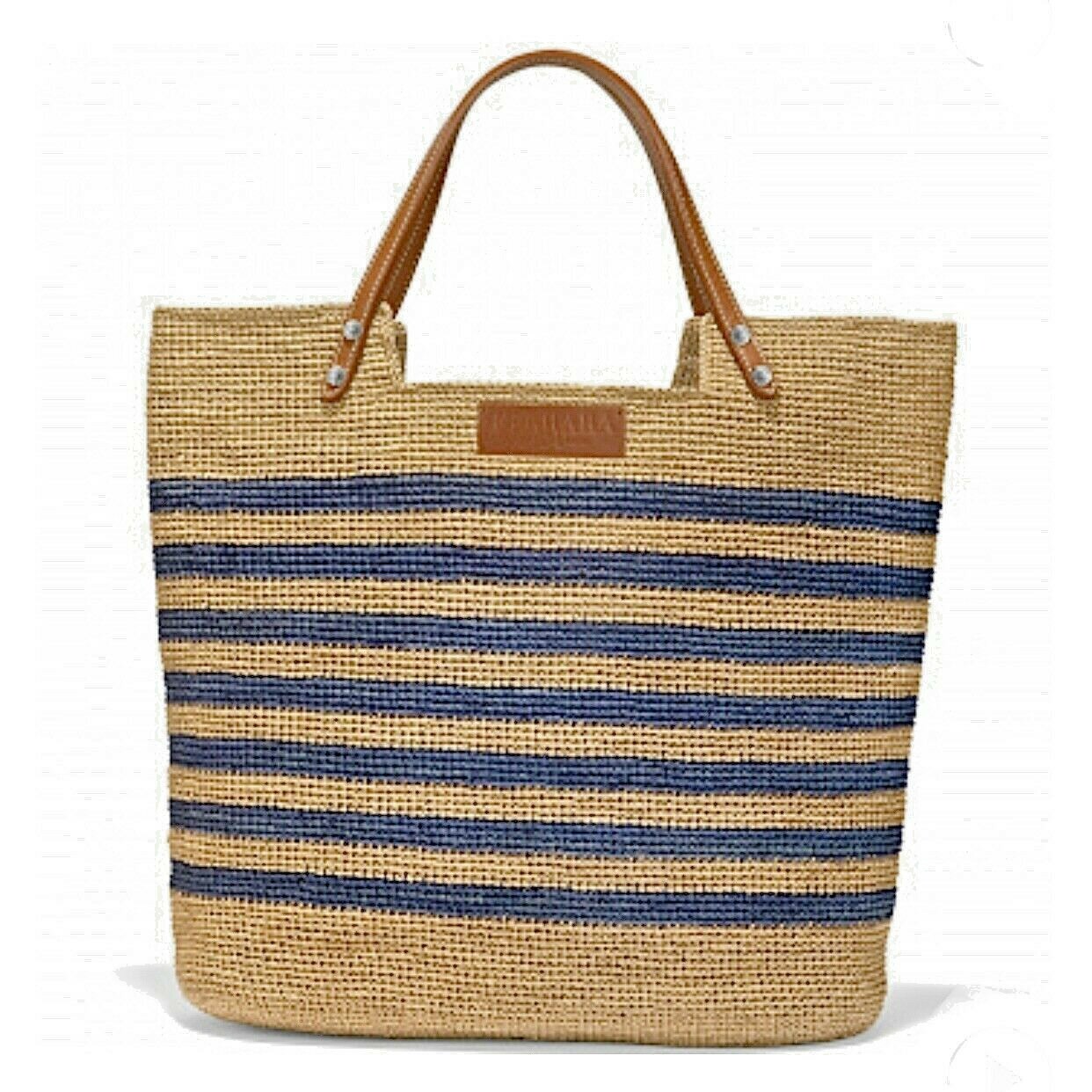 Brighton Ferrara Collection PALMIER RAFFIA Straw TOTE Wheat & Blue H73426 NWT