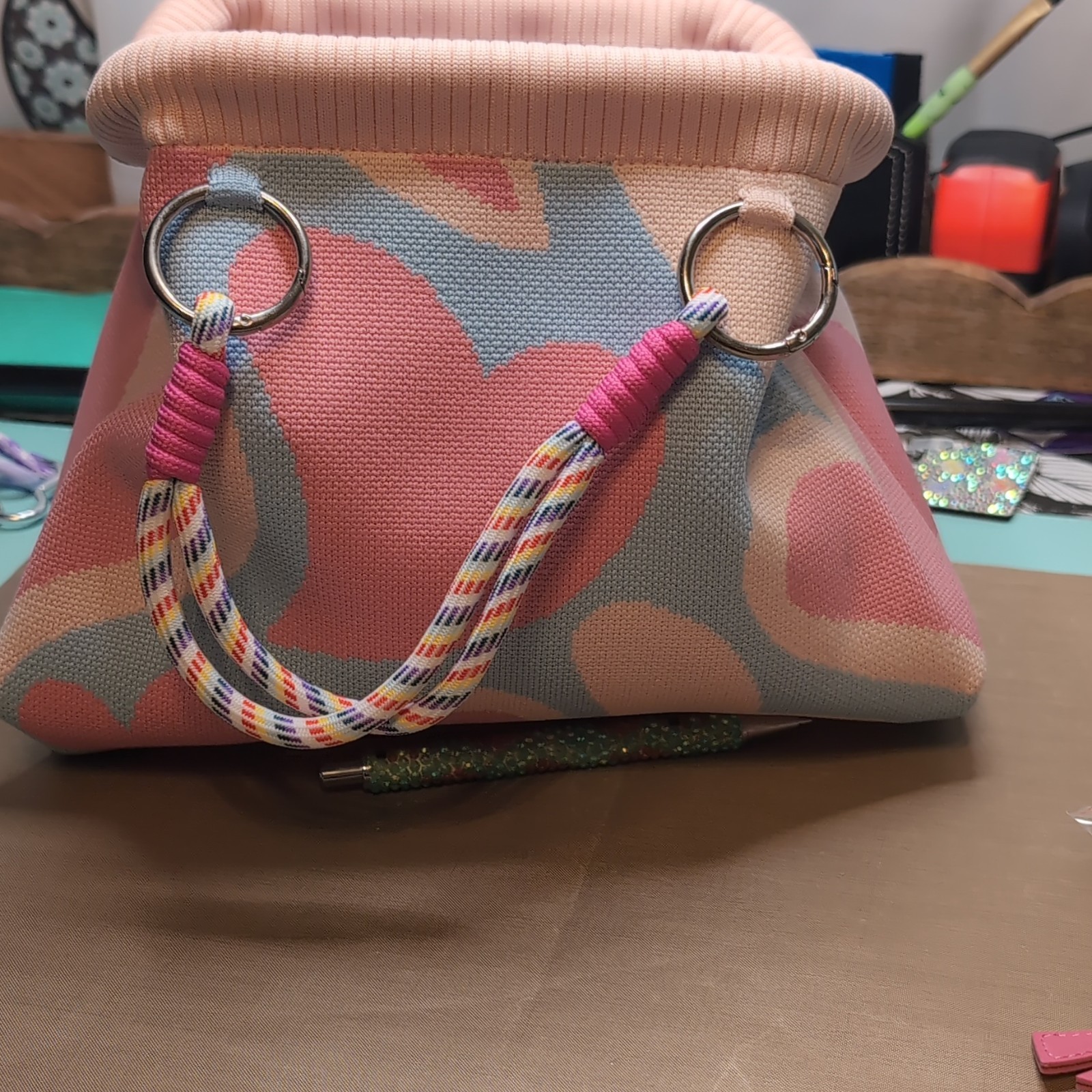 Women’s Small Pink/Blue Hearts Tote Bag, Rope Top Handle, Lined Pockets, Charm