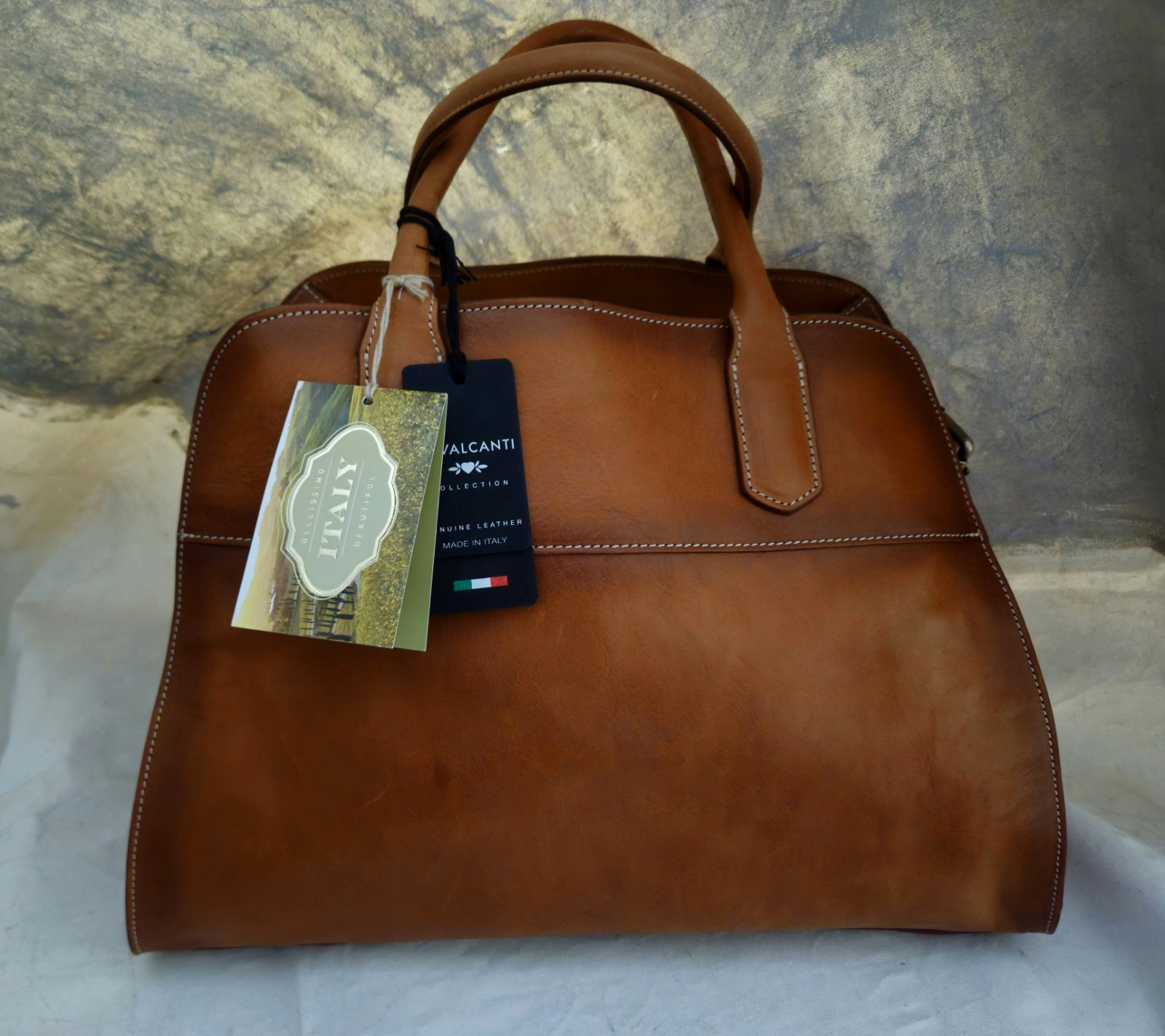 Cavalcanti Italian Designer Cognac Brown Burnished Leather Large Tote Bag NWT