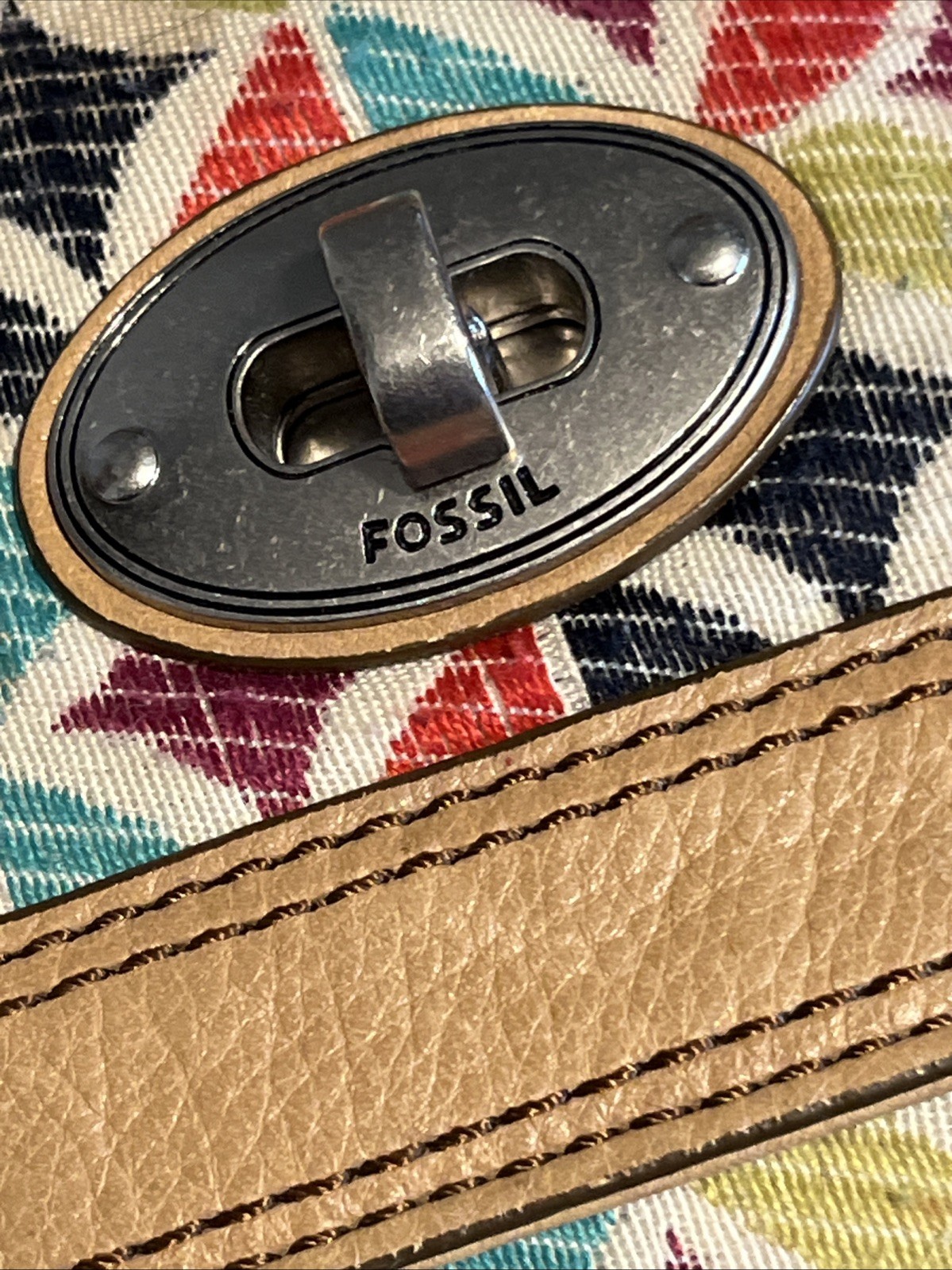 Fossil Colorful Geometric Crossbody Bag Adjustable Leather Strap Zip & Turn Lock
