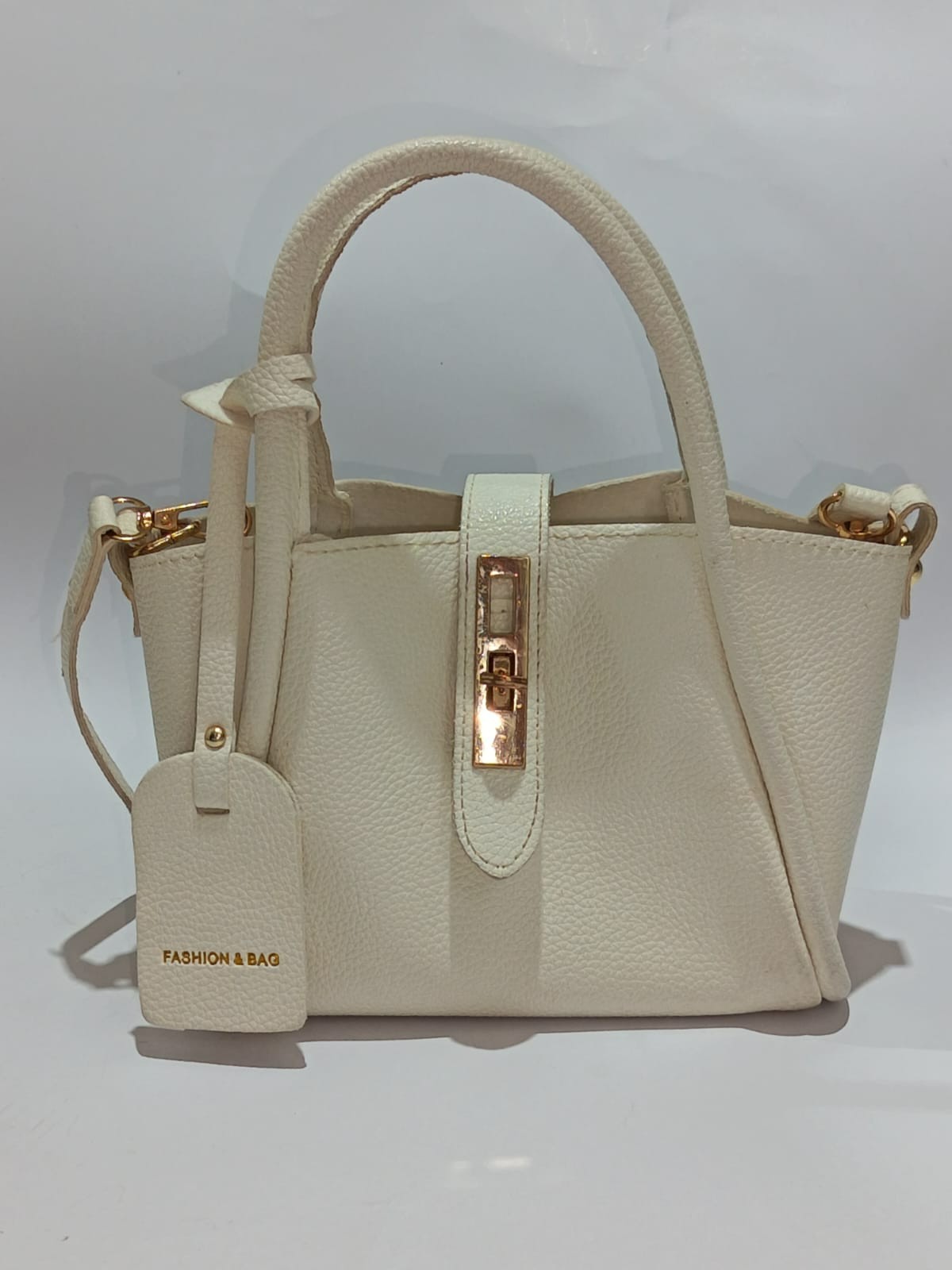 Women Cream Pebbled Leather Satchel Handbag Gold Lock Tote Shoulder Crossbody